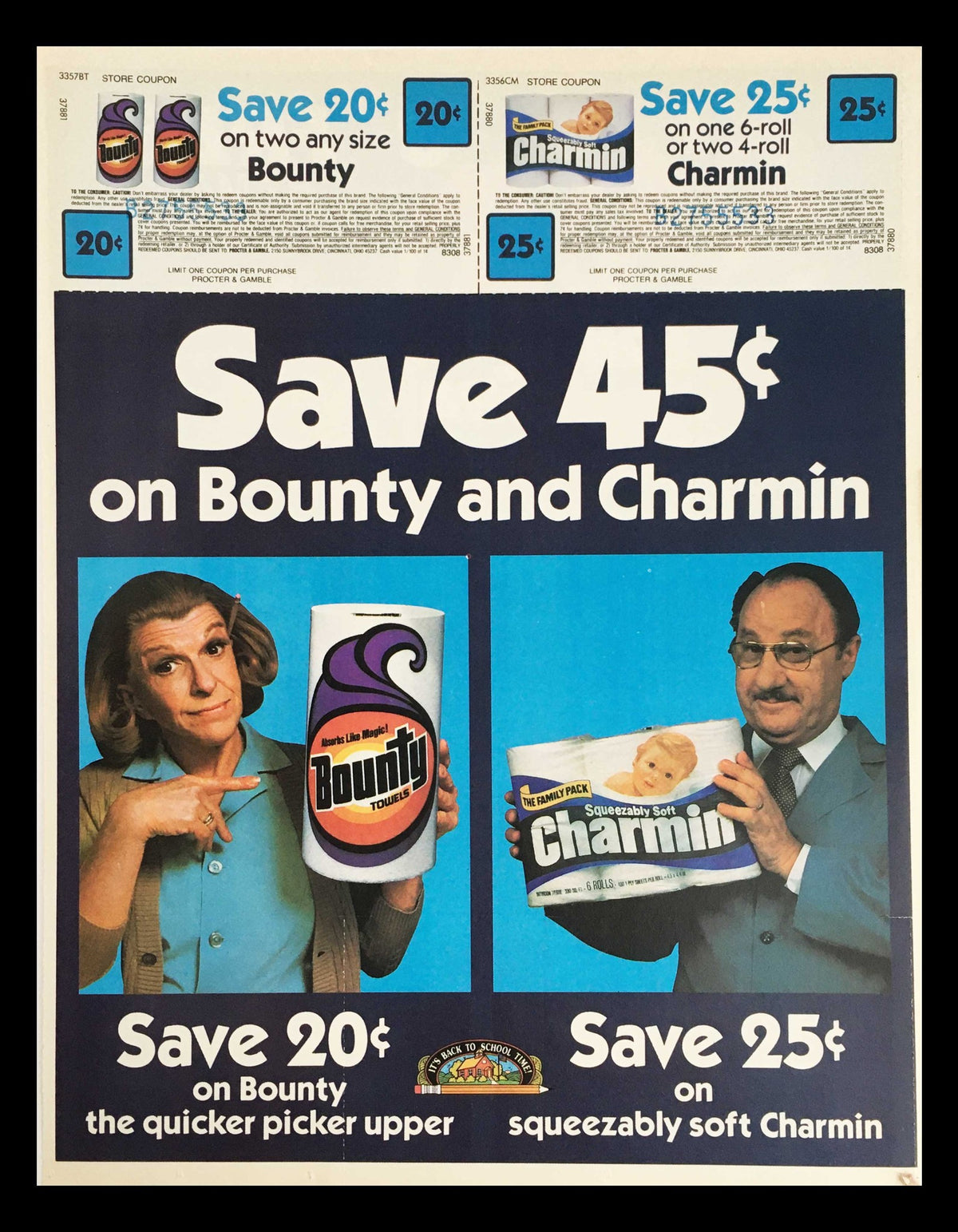 1983 Bounty and Charmin Tissue Roll Paper Circular Coupon Advertisement showcasing savings on Bounty and Charmin products, featuring an image of a woman holding Bounty and a man holding Charmin, with highlighted discounts.