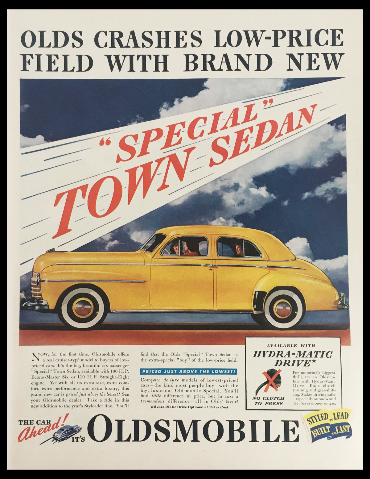 1941 Oldsmobile Special Town Sedan Vintage Print Ad showcasing the bright yellow sedan against a picturesque sky background with promotional text highlighting its features and affordable pricing.