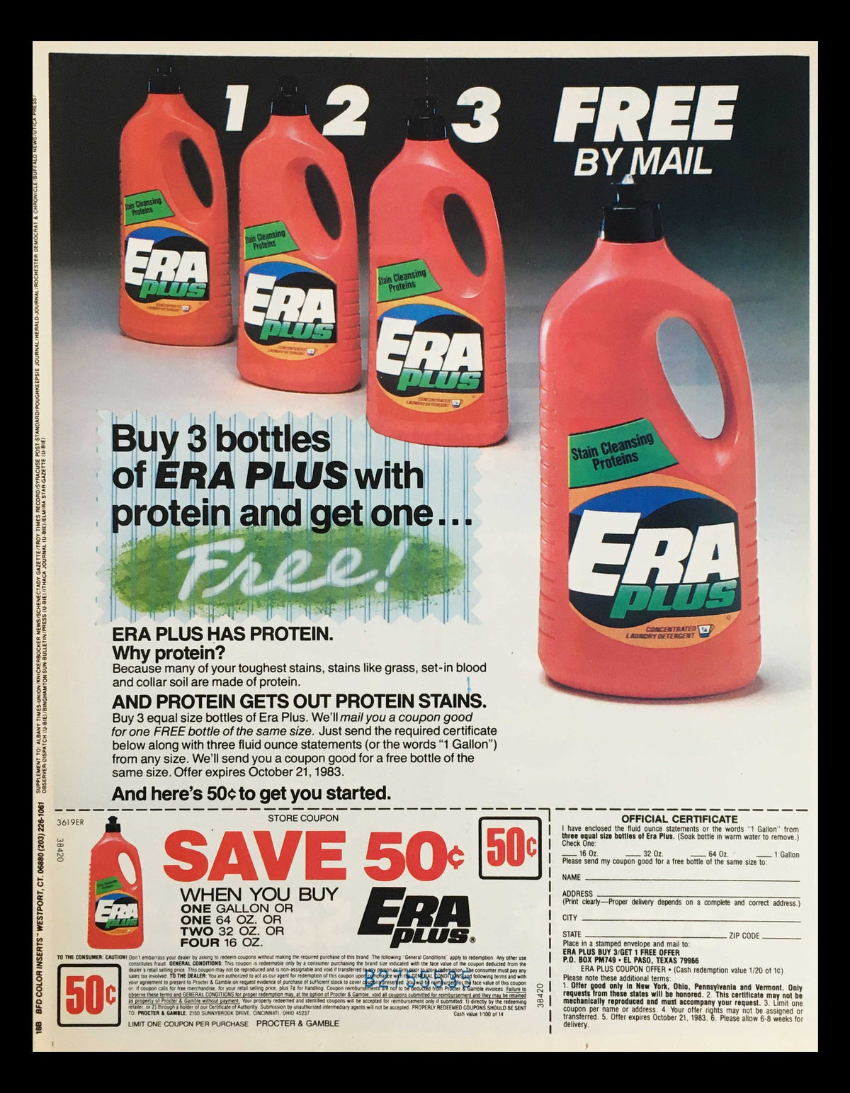 1983 ERA Plus Detergent Circular Coupon Advertisement promoting a buy-three-get-one-free offer and offering a 50 cent discount on the purchase of ERA Plus detergent, featuring multiple bottles on display.