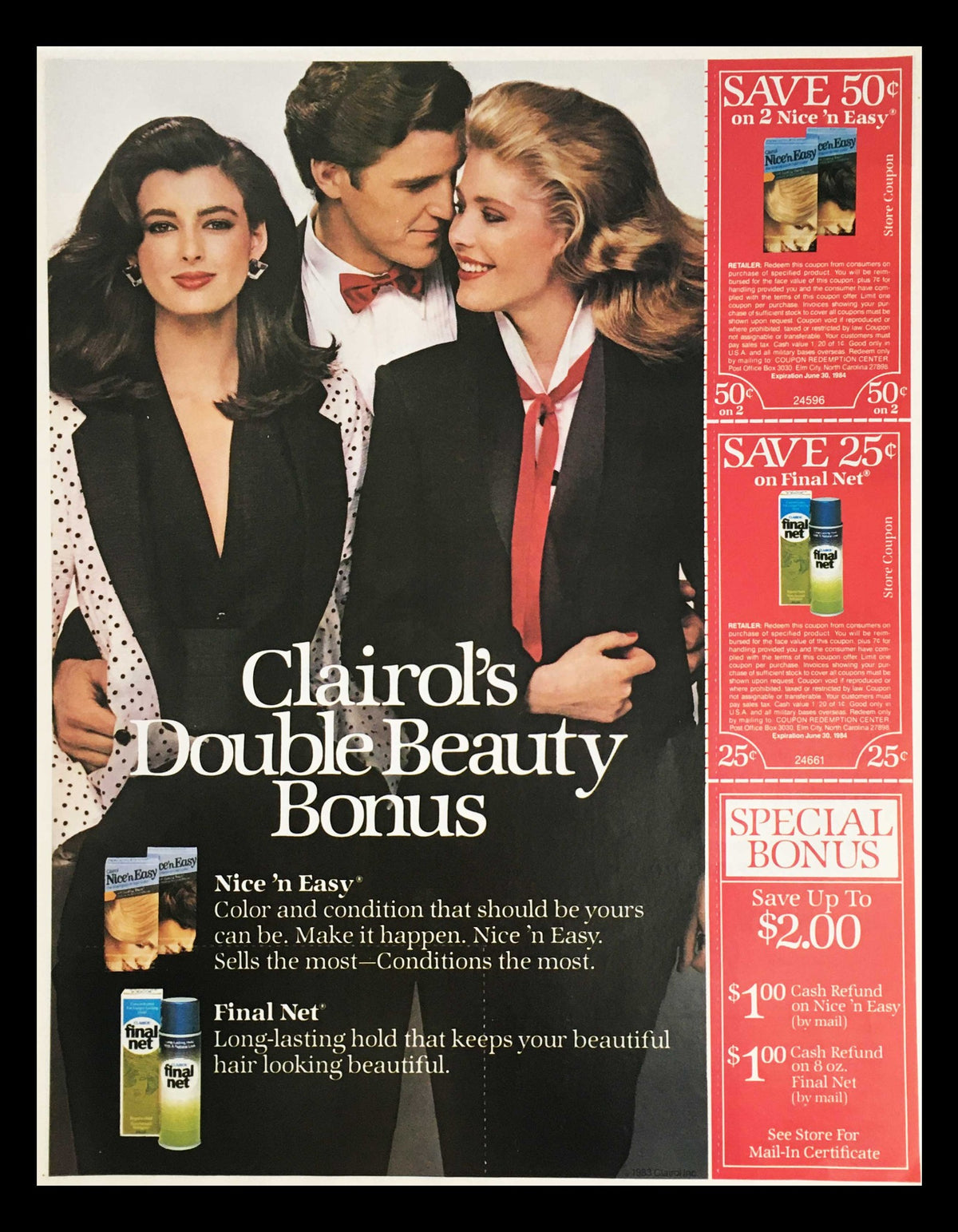 1983 Clairol's Double Beauty Bonus advertisement featuring three models. It promotes Nice 'n Easy hair color with offers and special bonuses for coupons, highlighting beauty and hair care.