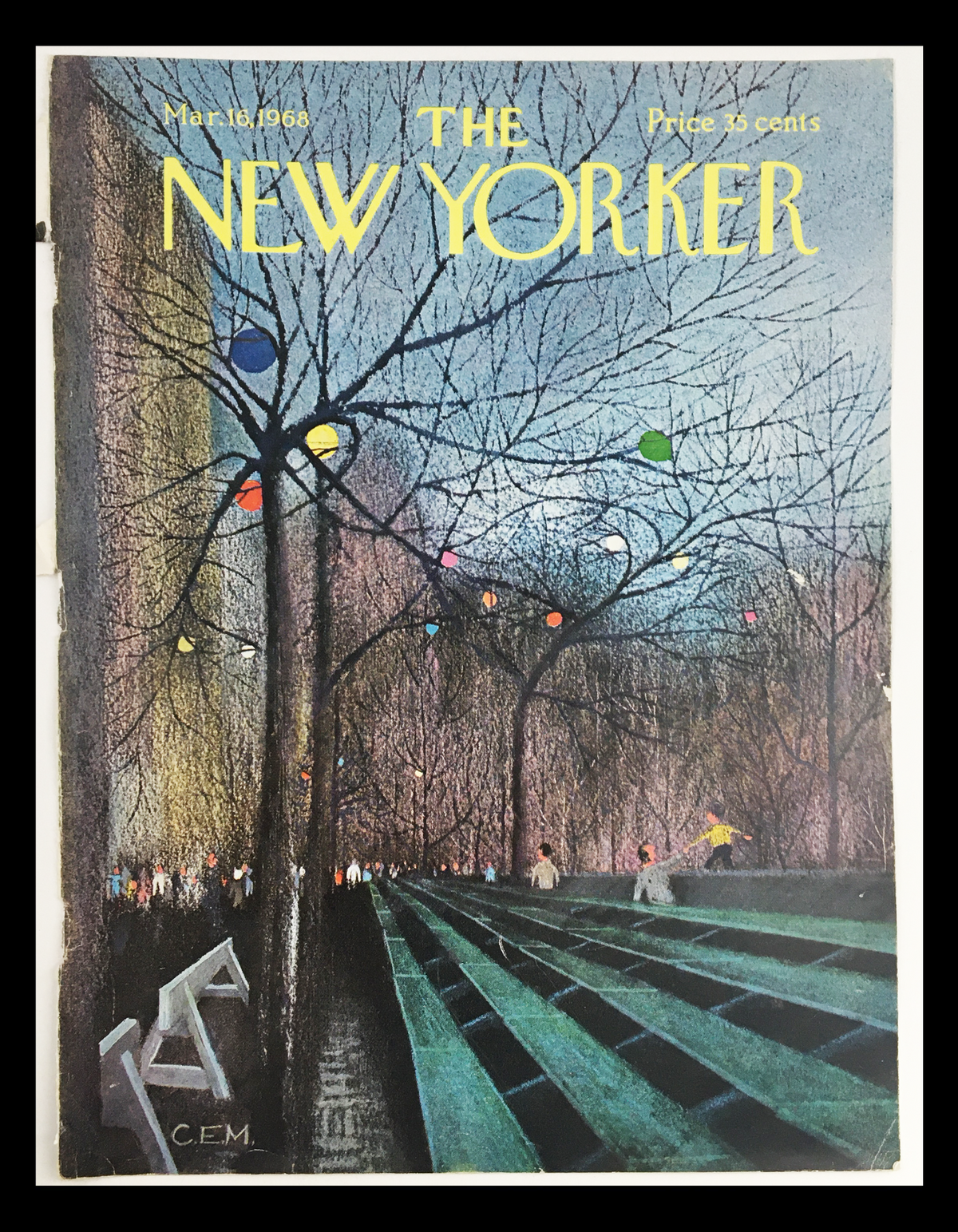 Cover of The New Yorker March 16, 1968, features artwork by Charles E. Martin, depicting a scene with bare trees and colorful lights, capturing a nostalgic urban vibe.