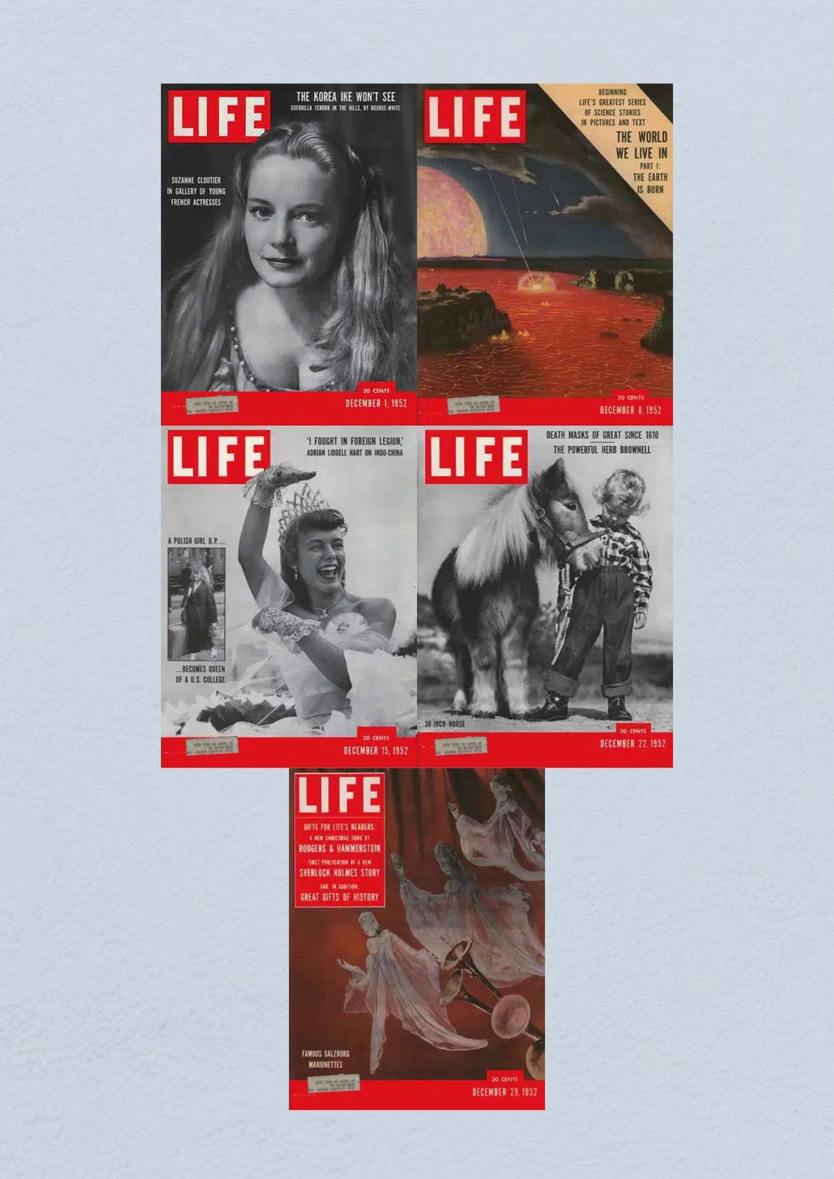 Life Magazine Lot of 5 Full Month December 1952 covering Dec 1, featuring Suzanne Gunter, Dec 8 with Earth science theme, Dec 15 highlighting a Polish Homecoming Queen, Dec 22 capturing holiday festivities, and Dec 29 reflecting on the year's events.