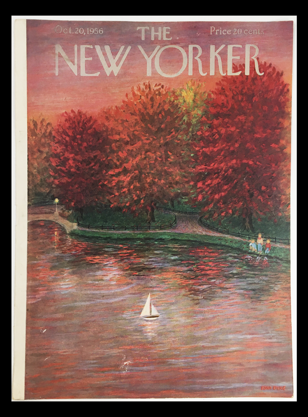 Cover of The New Yorker magazine dated October 20, 1956, featuring a vibrant autumn scene with red and orange trees reflecting in a body of water, designed by Edna Eicke.