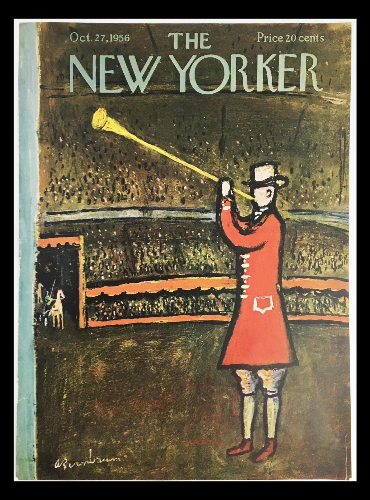 Cover of The New Yorker magazine from October 27, 1956, featuring a colorful theme illustrated by Abe Birnbaum, depicting a figure with a trumpet in a vibrant setting.