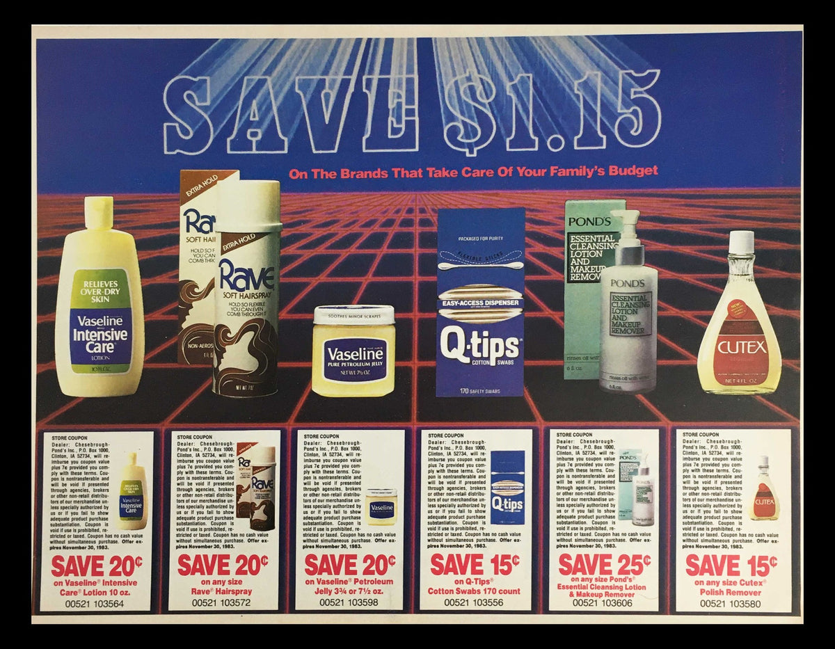 1983 Vaseline The Brands That Take Care Circular Coupon Advertisement showcasing various Vaseline products with savings opportunities, set against a graphic background.