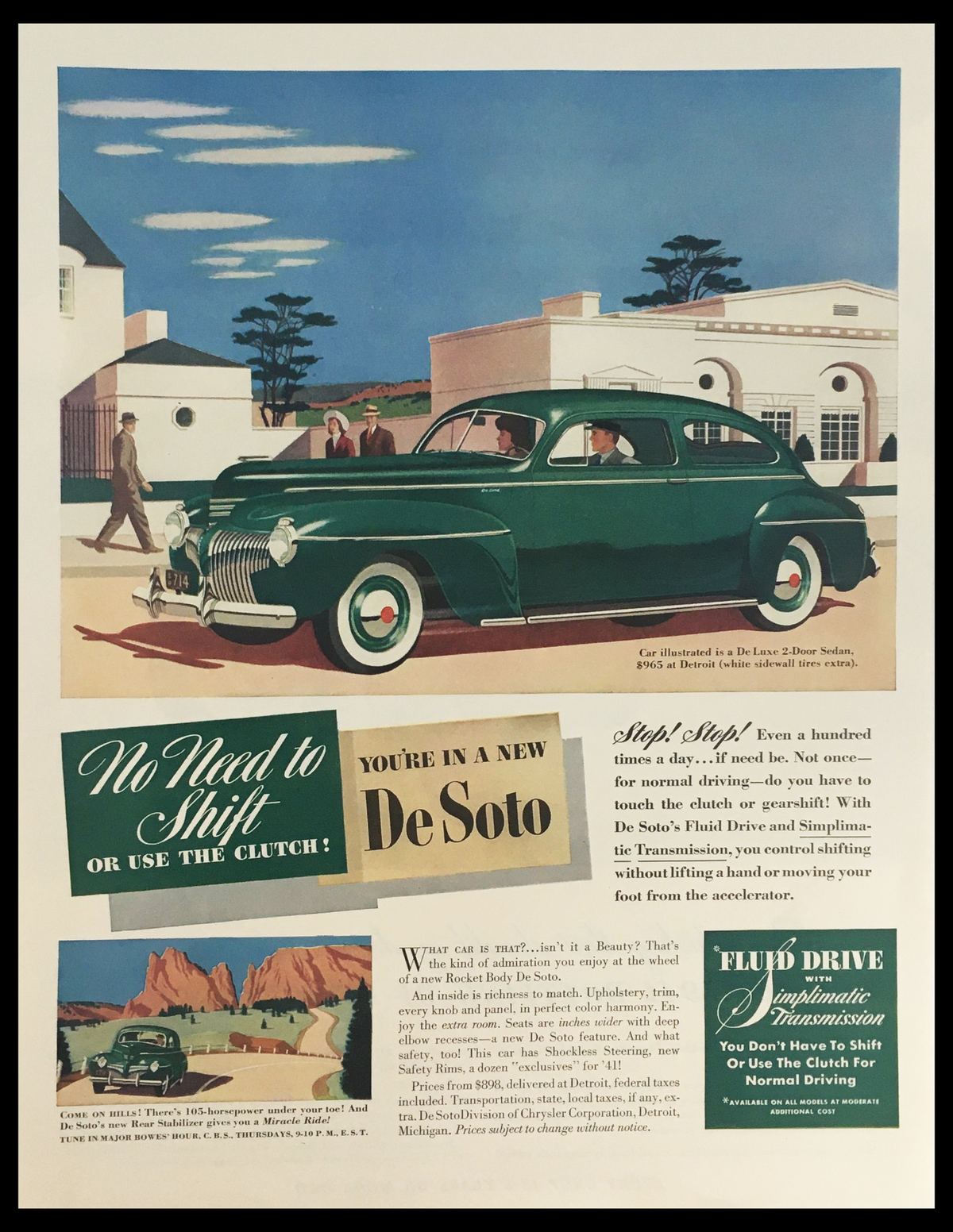 1941 DeSoto De Luxe 2-Door Sedan Vintage Print Ad showcasing a classic green DeSoto car against a vibrant landscape, highlighting the advertisement's message about ease of driving without manual shifting.
