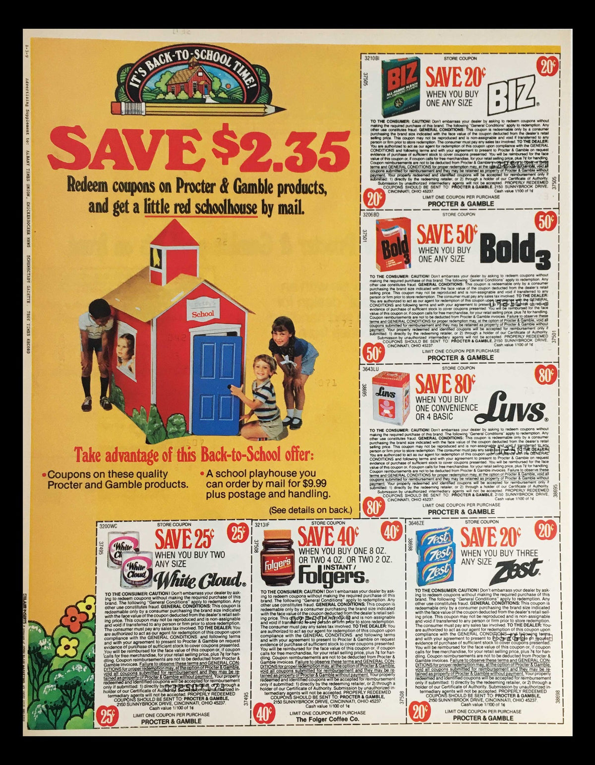 1983 Procter & Gamble Products Back-to-School Circular Coupon Advertisement showcasing a colorful layout with a red schoolhouse, promotional offers, and families engaging with Procter & Gamble products.