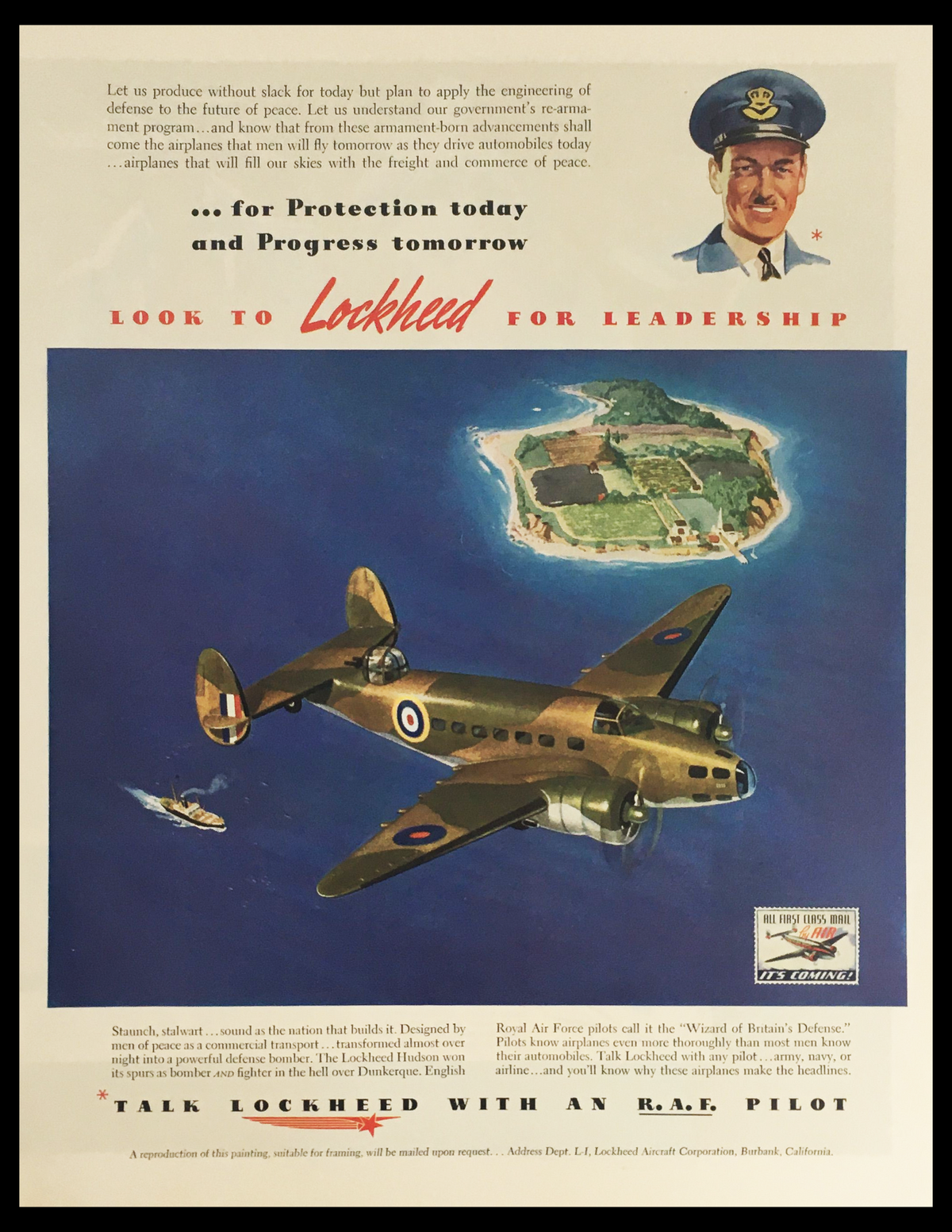 1941 Talk Lockheed Royal Air Force Pilot Vintage Print Ad featuring a Lockheed aircraft flying over a scenic island, highlighting the elegant design of World War II aviation and the leadership of Lockheed in military technology.