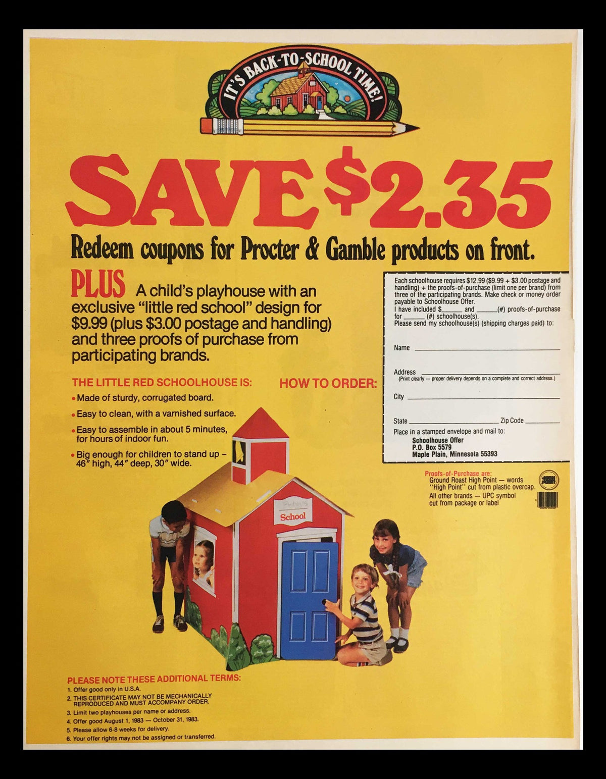 1983 Procter & Gamble Products Back-to-School Circular Coupon Advertisement featuring a bright yellow background, details on redeeming coupons for products, and a child's playhouse design with instructions for ordering.
