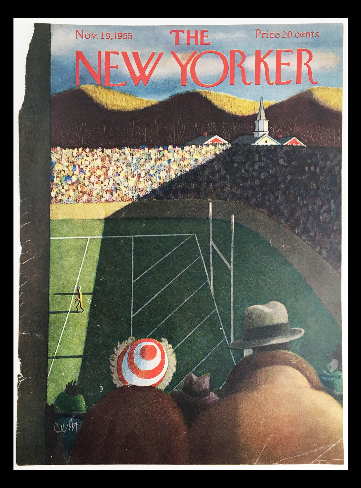 Vintage cover of The New Yorker dated November 19, 1955, illustrated by Charles E. Martin, featuring an outdoor scene with spectators at a sporting event.