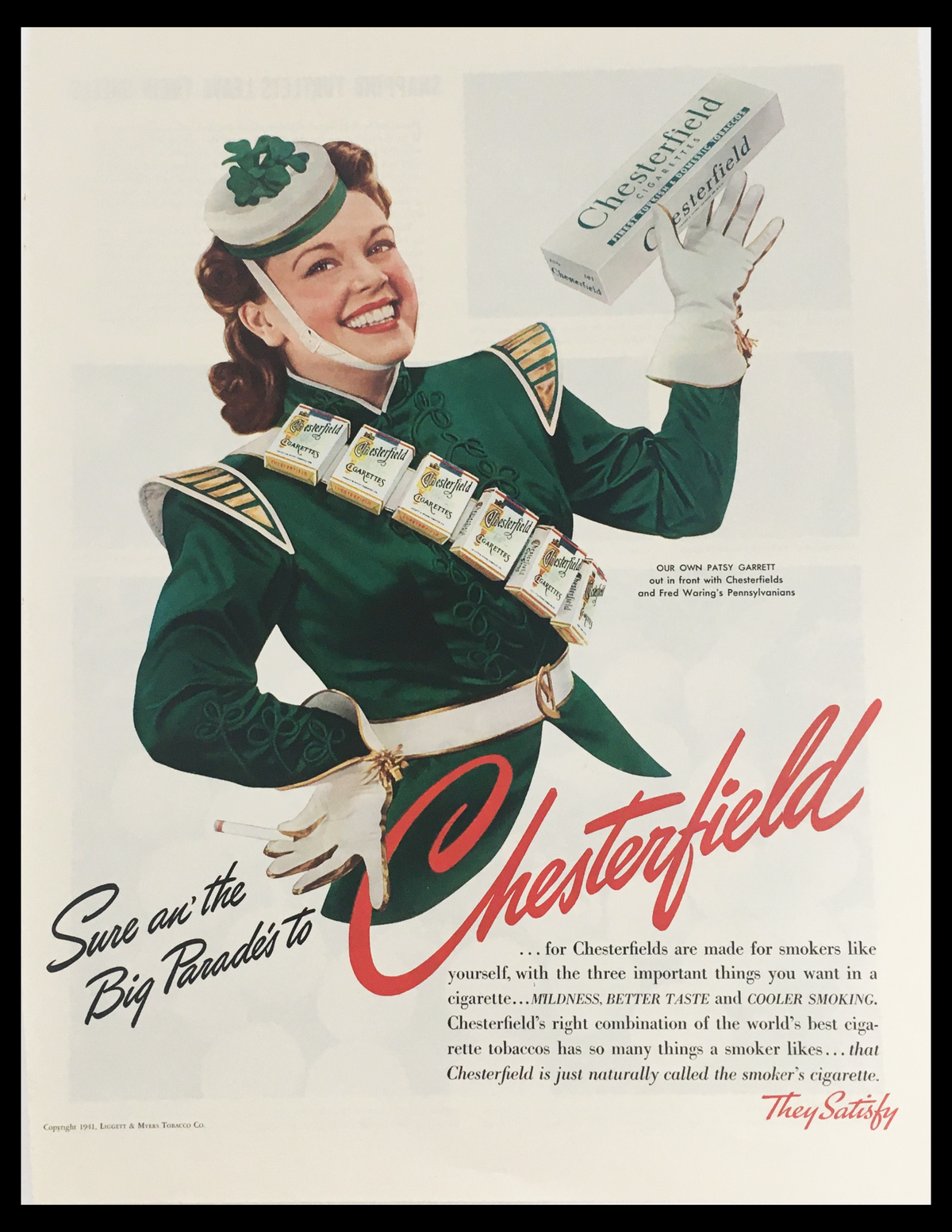 1941 Chesterfield Cigarettes Patsy Garrett Vintage Print Ad featuring a smiling woman in a vintage outfit promoting Chesterfield cigarettes, showcasing vibrant colors and classic design elements.