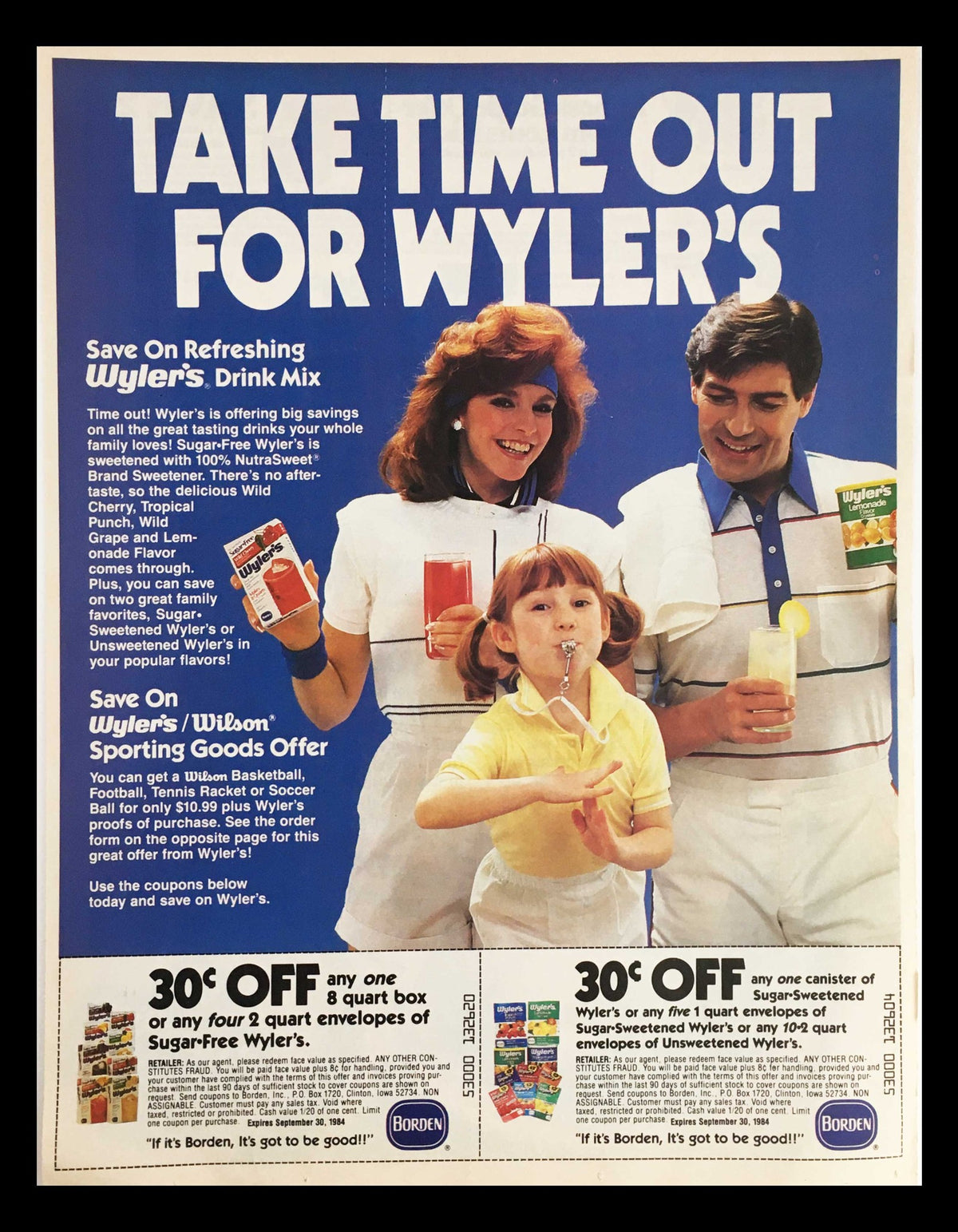1985 Wyler's Drink Mix Advertisement with a family enjoying beverages, featuring promotional offers for refreshing Wyler's drink mixes and highlighting savings on family favorites.