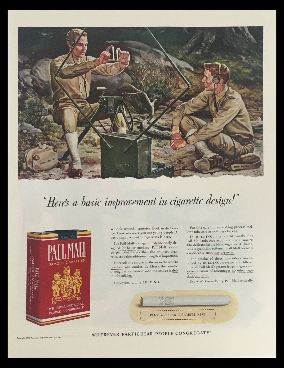 1941 Pall Mall Tobaccos Famous Cigarettes vintage print ad featuring soldiers engaged in activities, showcasing a cigarette pack and highlighting its design improvements. This eye-catching advertisement captures the essence of 1940s tobacco culture.