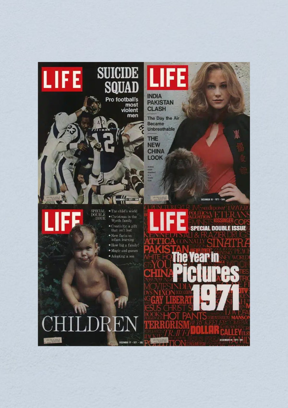 Life Magazine Lot of 4 Full Month of December 1971 showcasing covers from December 3, 10, 17, and 31 including topics like NFL football, India-Pakistan conflict, childhood creativity, and a recap of the year's significant events.