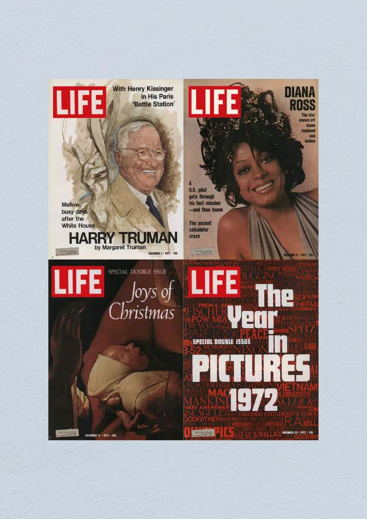 Life Magazine Lot of 4 Full Month of December 1972, featuring covers for December 1, 8, 15, and 29, highlighting Harry Truman, Diana Ross, a Christmas special, and the Year in Pictures.