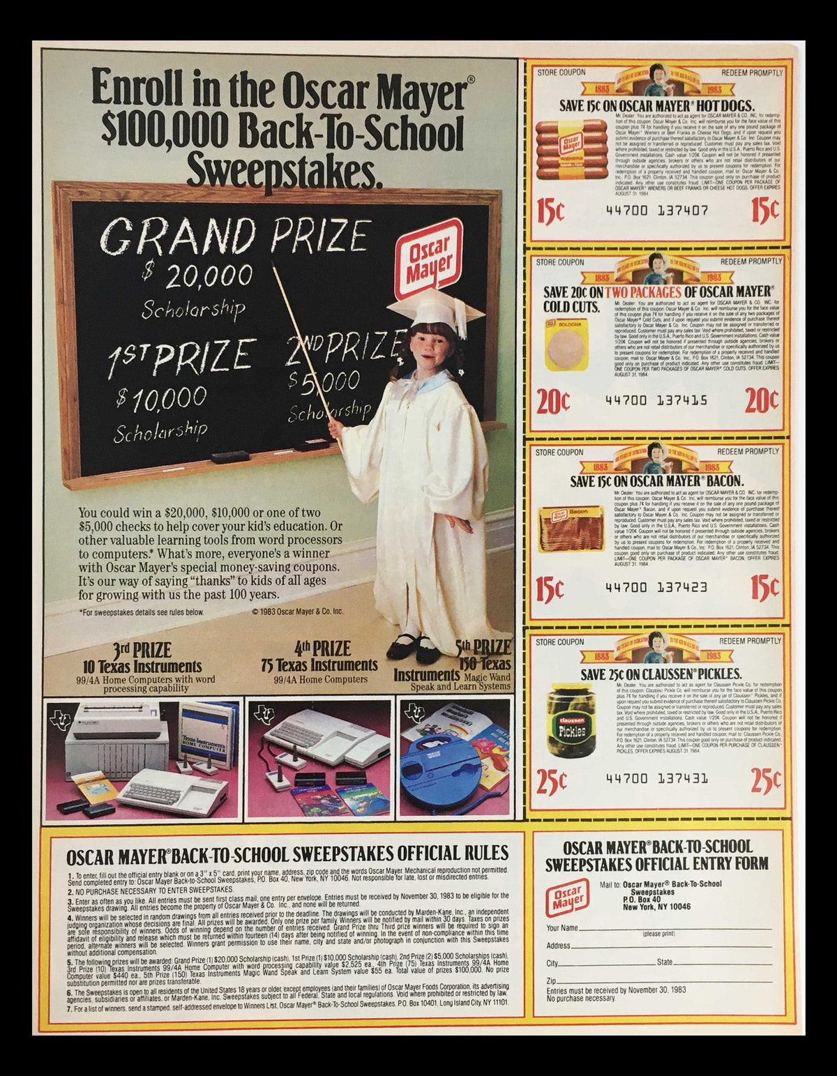 1983 Oscar Mayer Back-to-School Sweepstakes Circular Coupon Advertisement featuring a child in graduation attire and details about the sweepstakes prizes including scholarships for entrants.