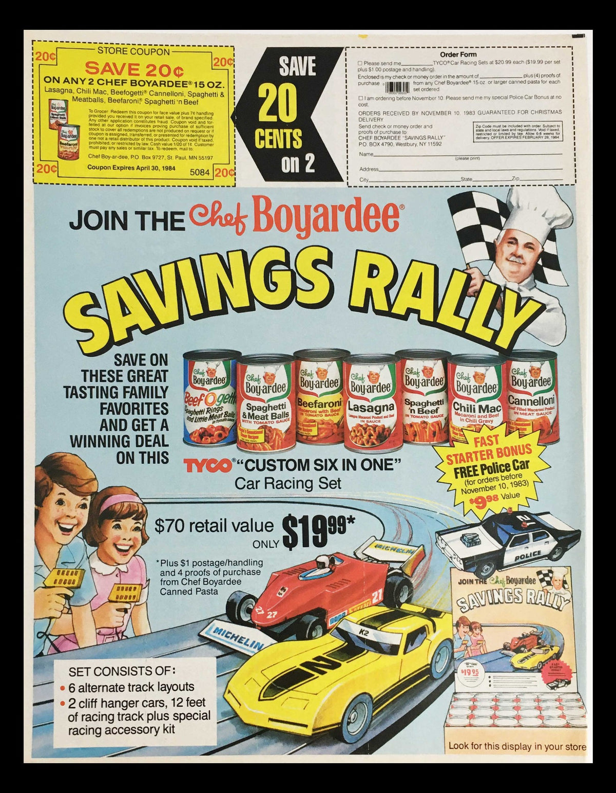 1984 Chef Boyardee Savings Rally Circular Coupon Advertisement featuring vibrant graphics, promotional offers, and a nostalgic theme representing popular family meal solutions from the 1980s. Includes a store coupon illustration and images of Chef Boyardee products.