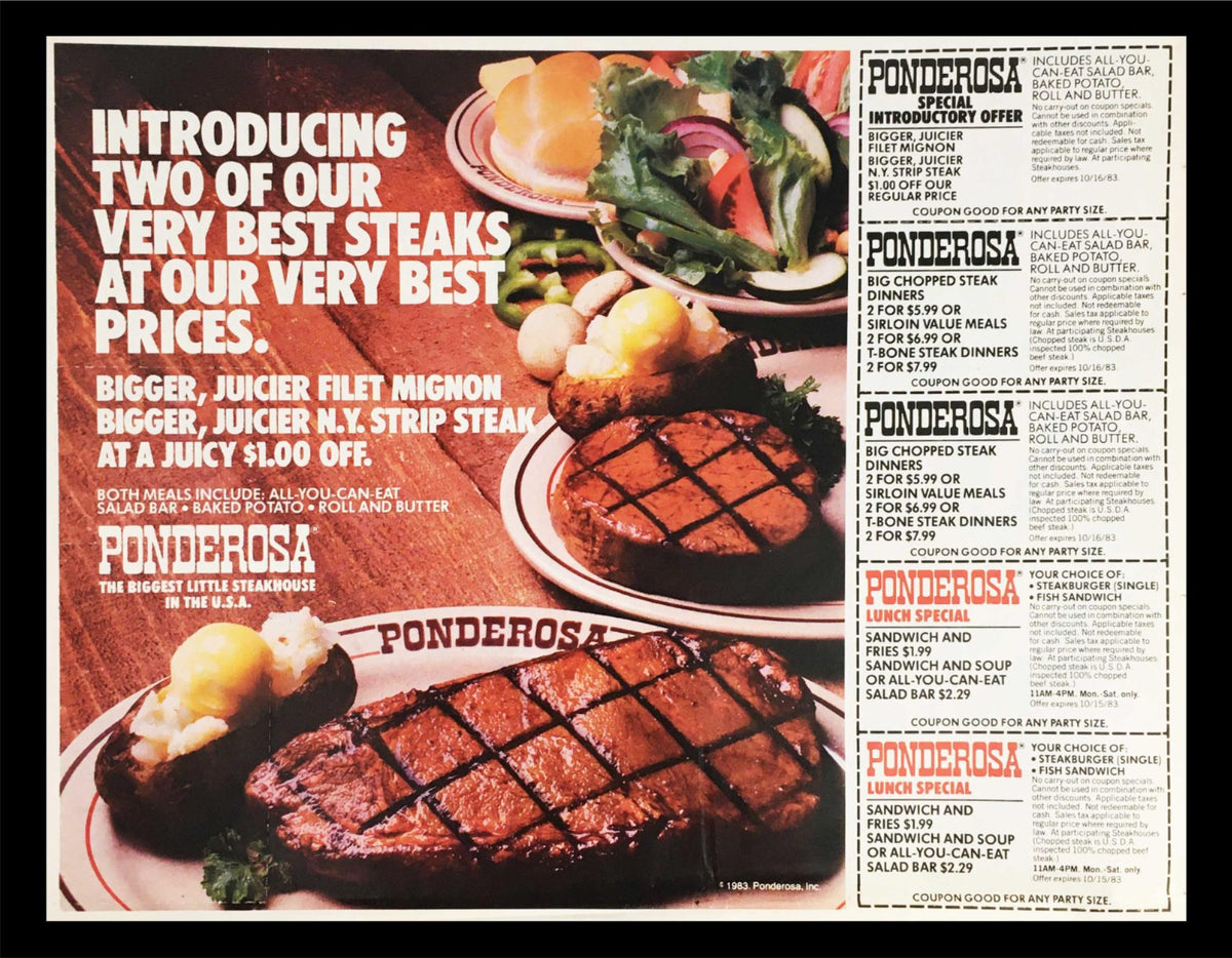 1984 Chef Boyardee Savings Rally Circular Coupon Advertisement showing a Ponderosa steakhouse food offer with images of juicy steaks and a salad bar promotion, capturing the dining trends of the 1980s.