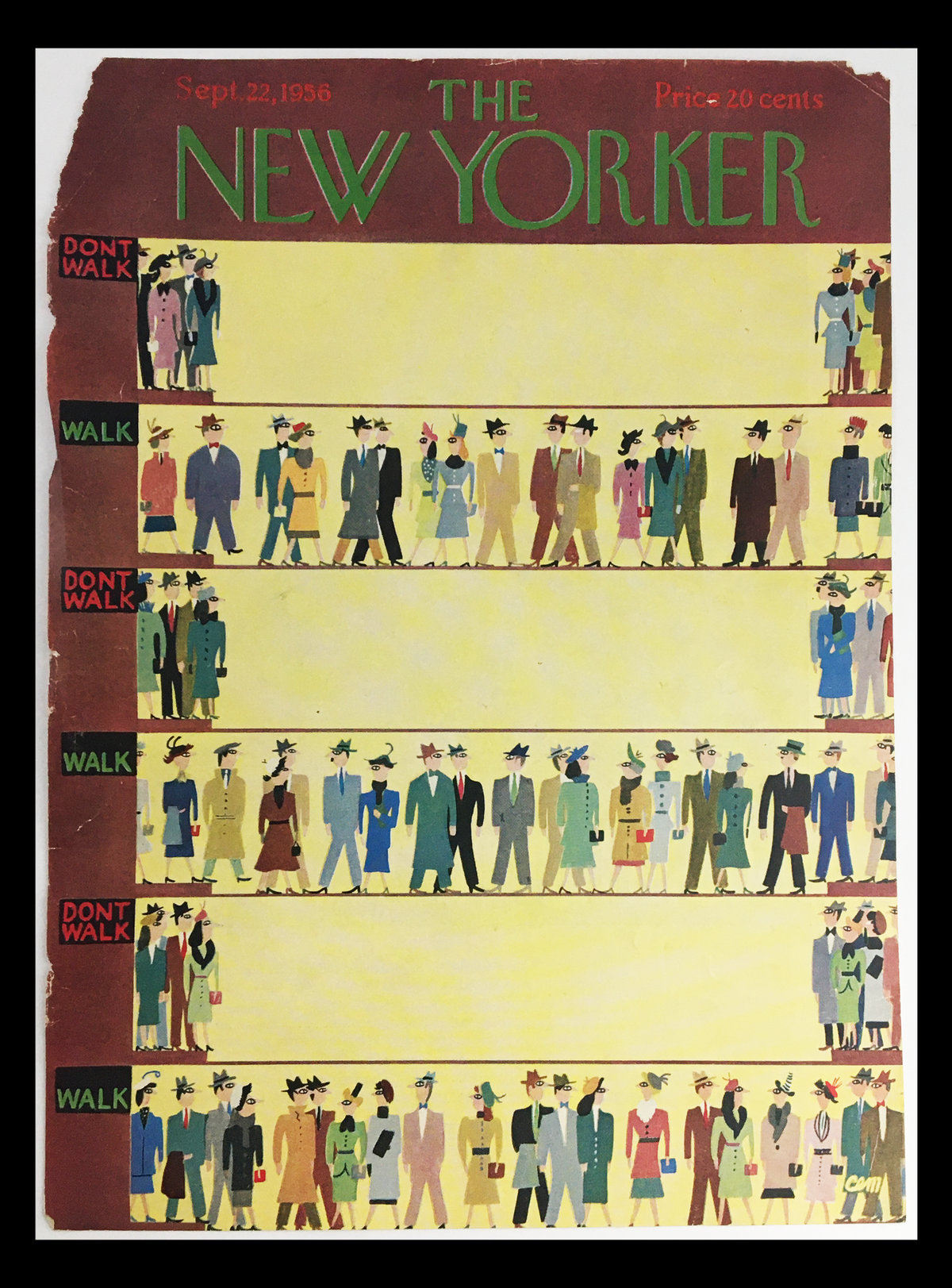 Cover of The New Yorker dated September 22, 1956 featuring art by Charles E. Martin, showcasing colorful vintage illustrations of elegantly dressed people with 'WALK' and 'DON'T WALK' signs, reflecting the cultural essence of 1950s America.
