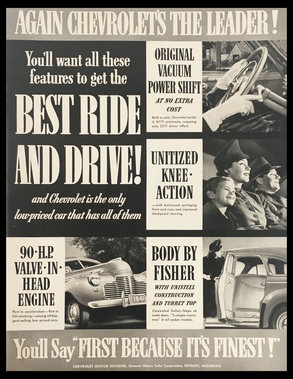 1941 Chevrolet Deluxe 2-Door Coupe Body by Fisher Vintage Print Ad showcasing features such as Original Vacuum Power Shift, 90 H.P. Valve-in-Head Engine, Unitized Knee Action, and Body by Fisher with Unisteel Construction. Highlighting the car's performance and safety features for a superior driving experience.