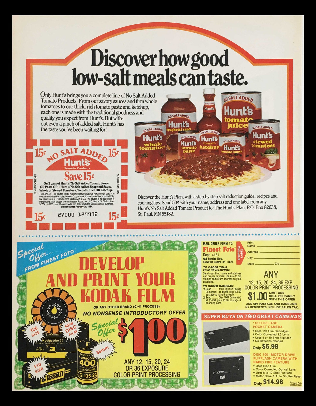1984 advertisement for Hunt's Tomato Products showcasing No Salt Added products and a promotional coupon. The layout emphasizes the variety of tomato-based items available, including spaghetti sauce and ketchup, highlighting health-conscious options.