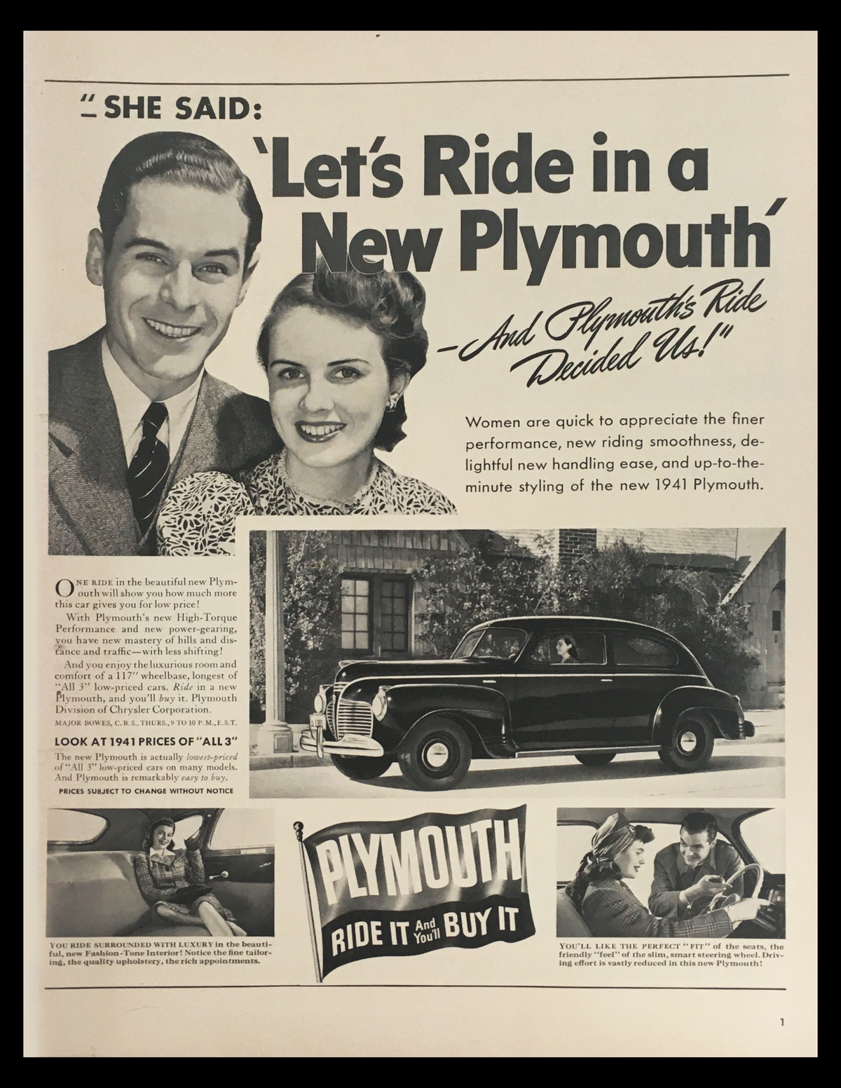 1941 Plymouth Special De Luxe Club Coupe Vintage Print Ad featuring a couple smiling and promoting the new Plymouth. The ad showcases the car's design, luxurious interior, and highlights the performance features that women appreciate. It includes the text 'Let's Ride in a New Plymouth' and emphasizes the comfort and handling of the 1941 model.