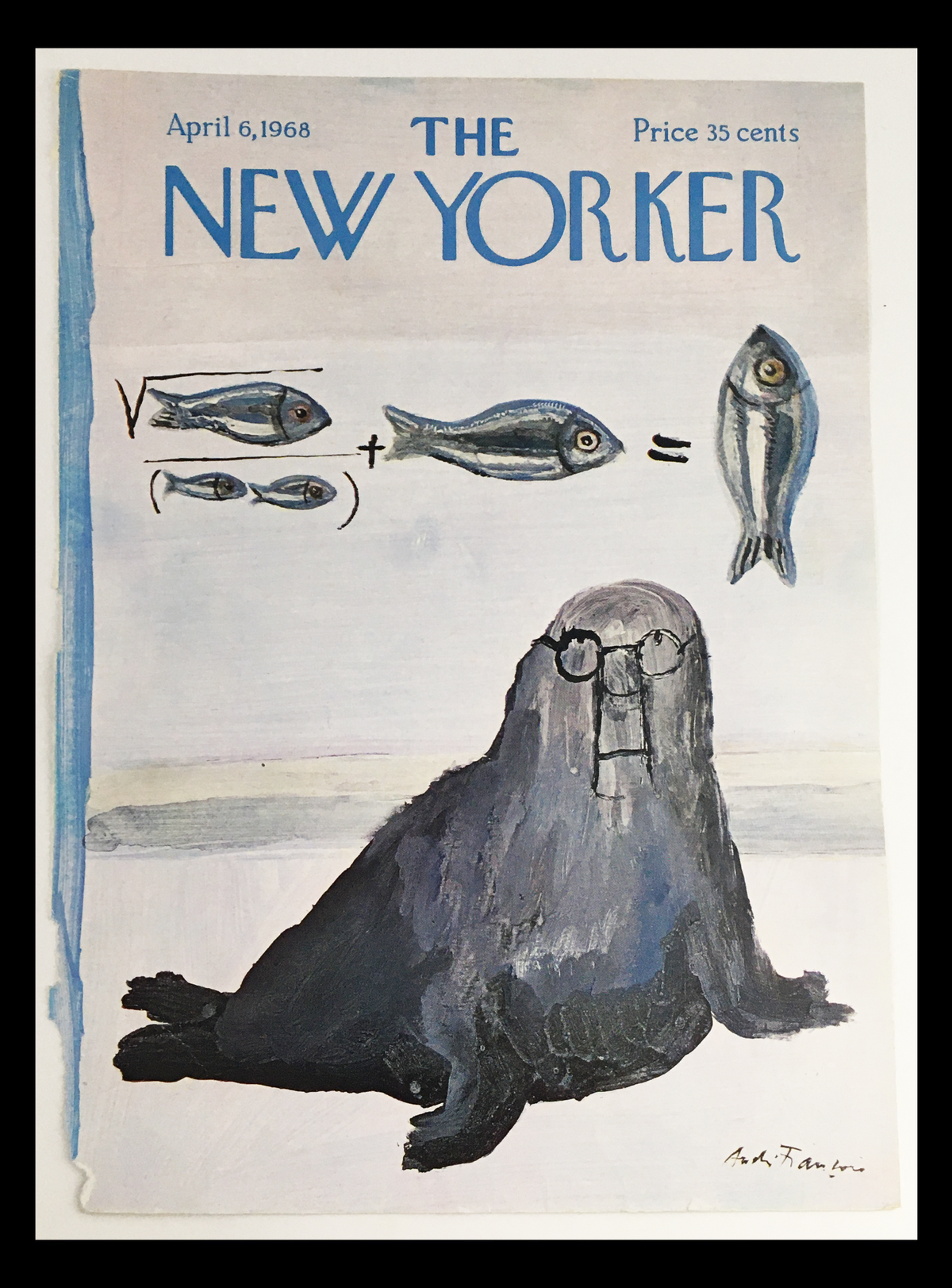 COVER ONLY The New Yorker April 6 1968 featuring a whimsical illustration of a seal with glasses, surrounded by mathematical symbols relating to fish.