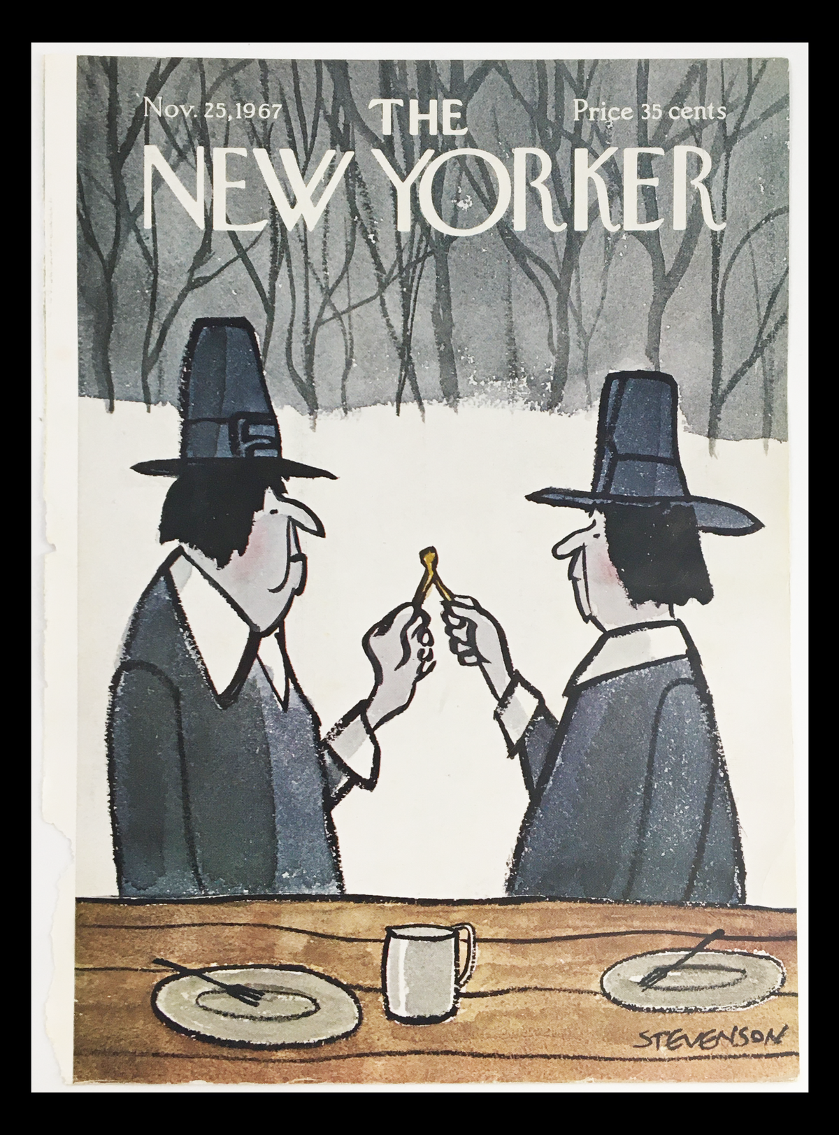 COVER ONLY The New Yorker November 25 1967 featuring two pilgrims holding a wishbone in a snowy setting, illustrated by James Stevenson.