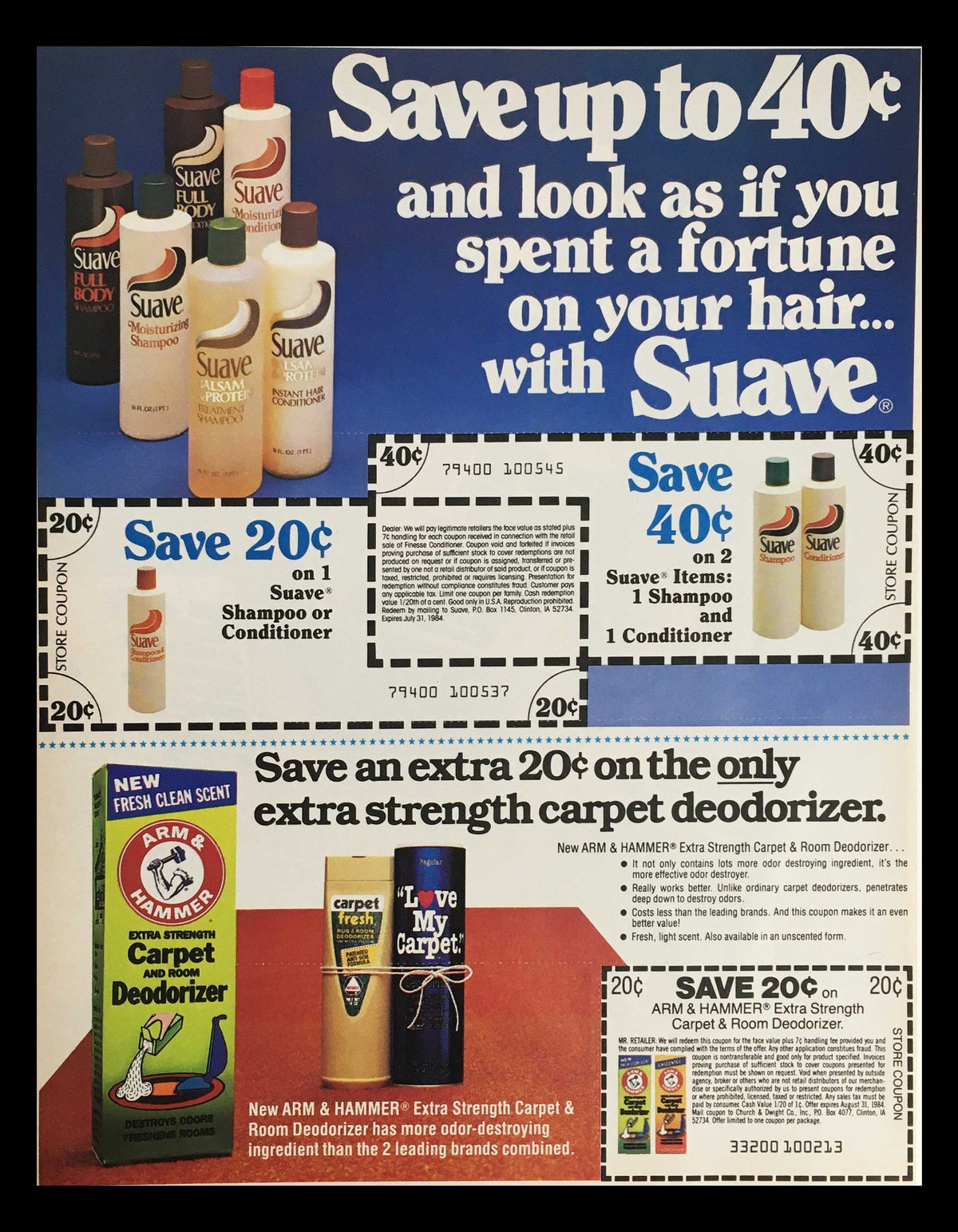 1984 Shield Extra-Strength Deodorant Soap Circular Coupon Advertisement showcasing various Suave hair care products with savings up to $0.40 on shampoo and conditioner.