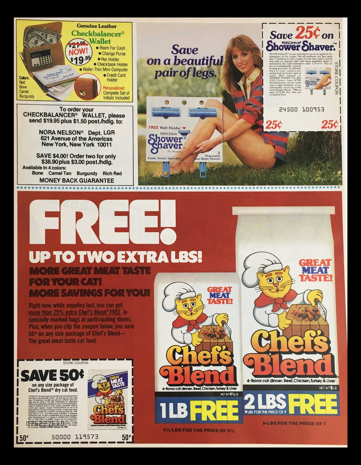 1984 circular advertisement for Chef's Blend products with a prominent promotional offer, highlighting a free pound of meat when purchasing, along with a savings coupon for a Shower Shaver.
