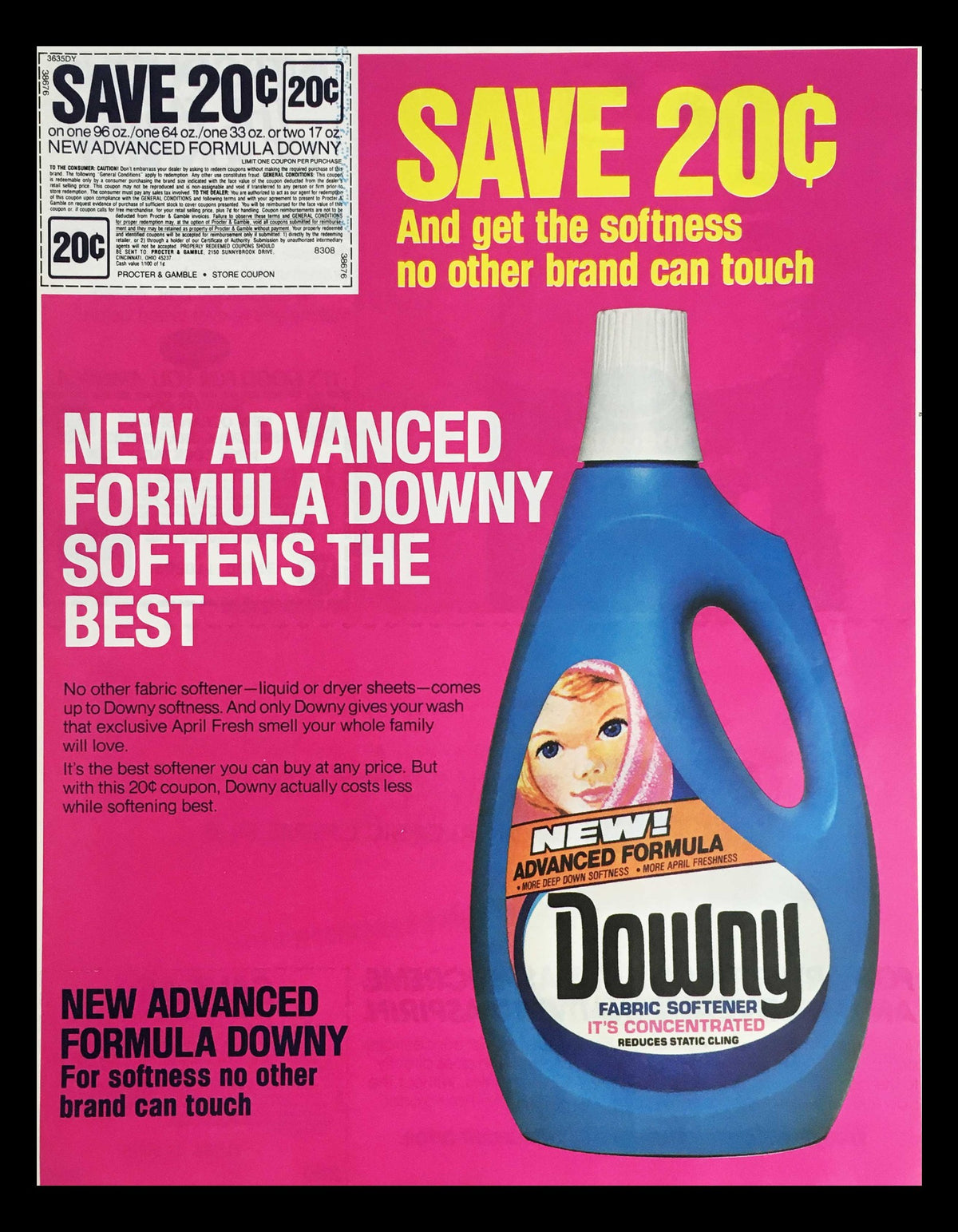 1984 Downy Fabric Softener Concentrated Circular Coupon Advertisement featuring a blue bottle of Downy with a promotional banner highlighting its softening abilities and new advanced formula.
