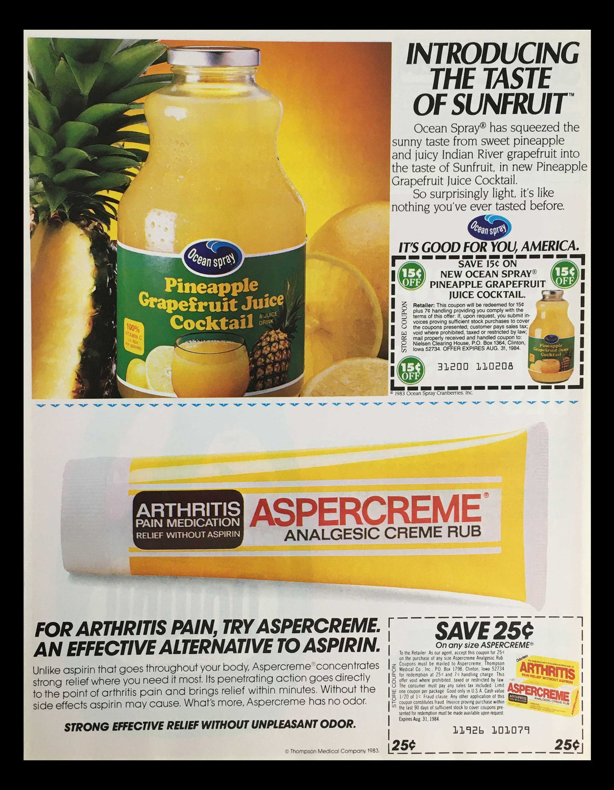 An advertisement featuring Ocean Spray Pineapple Grapefruit Juice Cocktail and Aspercreme Analgesic Creme Rub, showcasing discounts and highlighting their unique product benefits.