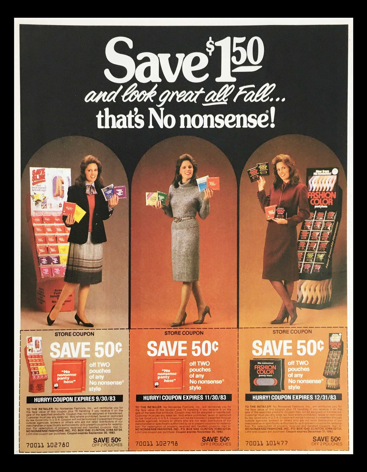 1983 No Nonsense Fashions Panty Hose Circular Coupon Advertisement featuring three women showcasing panty hose styles. The ad promotes savings on No Nonsense products, encapsulating early 80s fashion marketing.
