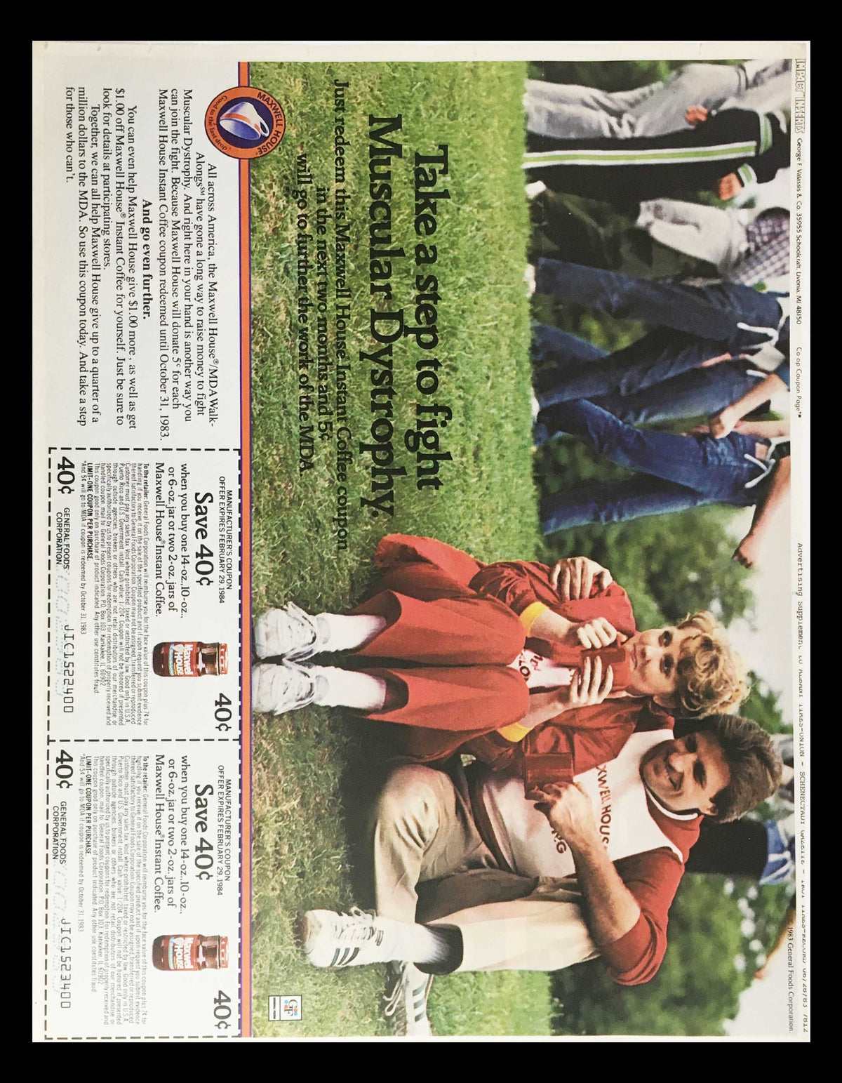 1983 No Nonsense Fashions Panty Hose Circular Coupon Advertisement, highlighting a promotional offer to fight Muscular Dystrophy with Maxwell House coffee coupons. Displays vintage advertising trends.