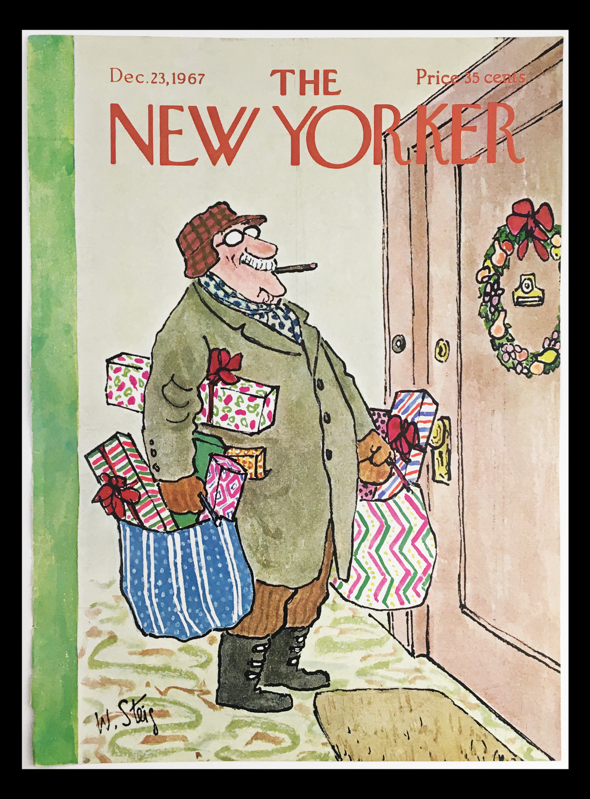 Cover of The New Yorker December 23, 1967 featuring whimsical art by William Steig, depicting a man with a pipe holding multiple gift bags in front of a decorated door.