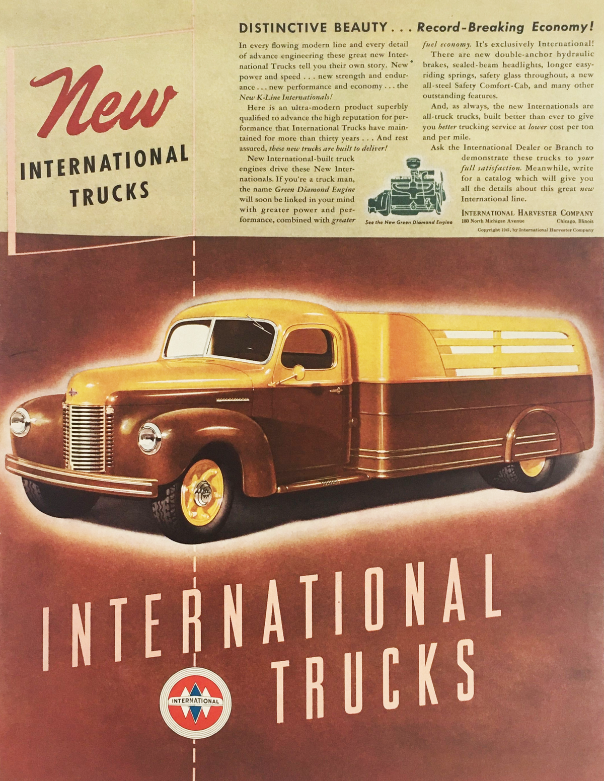 1941 International Harvester Company Truck Vintage Print Ad featuring a classic truck design and promotional text highlighting distinctive beauty and record-breaking economy.