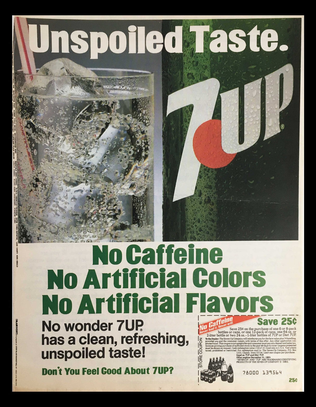 1983 7-Up Lemon-Lime Flavored Soft Drink Circular Coupon Advertisement featuring a refreshing glass of 7-Up with bubbles and the tagline 'Unspoiled Taste'. Highlights no caffeine, artificial colors, or flavors.