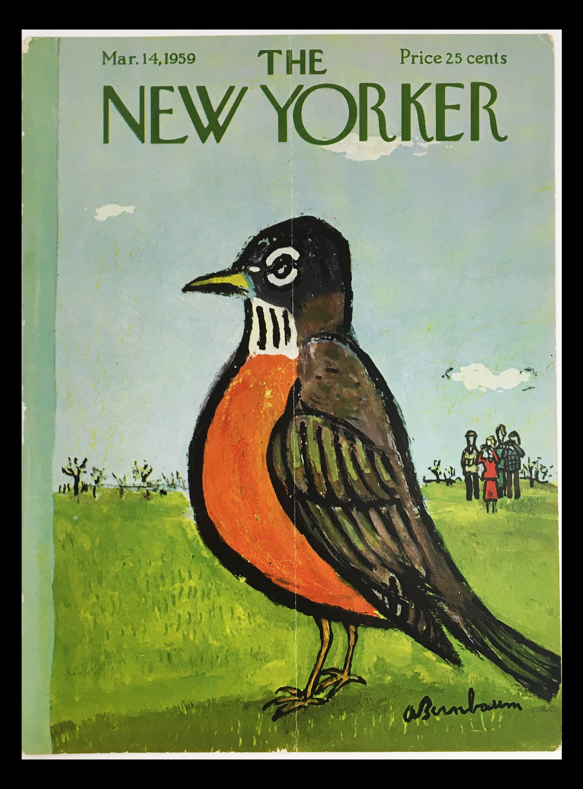 COVER ONLY The New Yorker March 14 1959 Full Cover Theme by Abe Birnbaum featuring a colorful illustration of a robin with a green background and people in the distance.