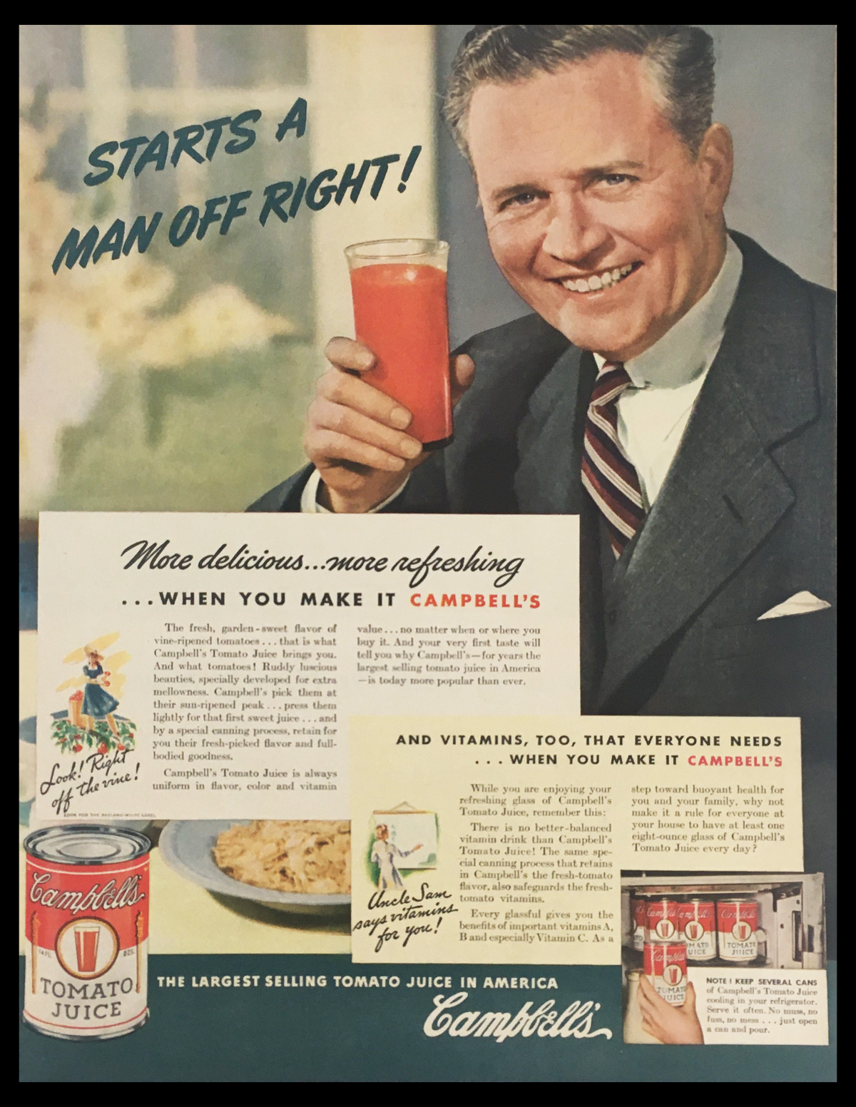 1941 Campbell Delicious Tomato Juice Vintage Print Ad featuring a smiling man holding a glass of tomato juice, highlighting the refreshing and nutritious qualities of Campbell's product.