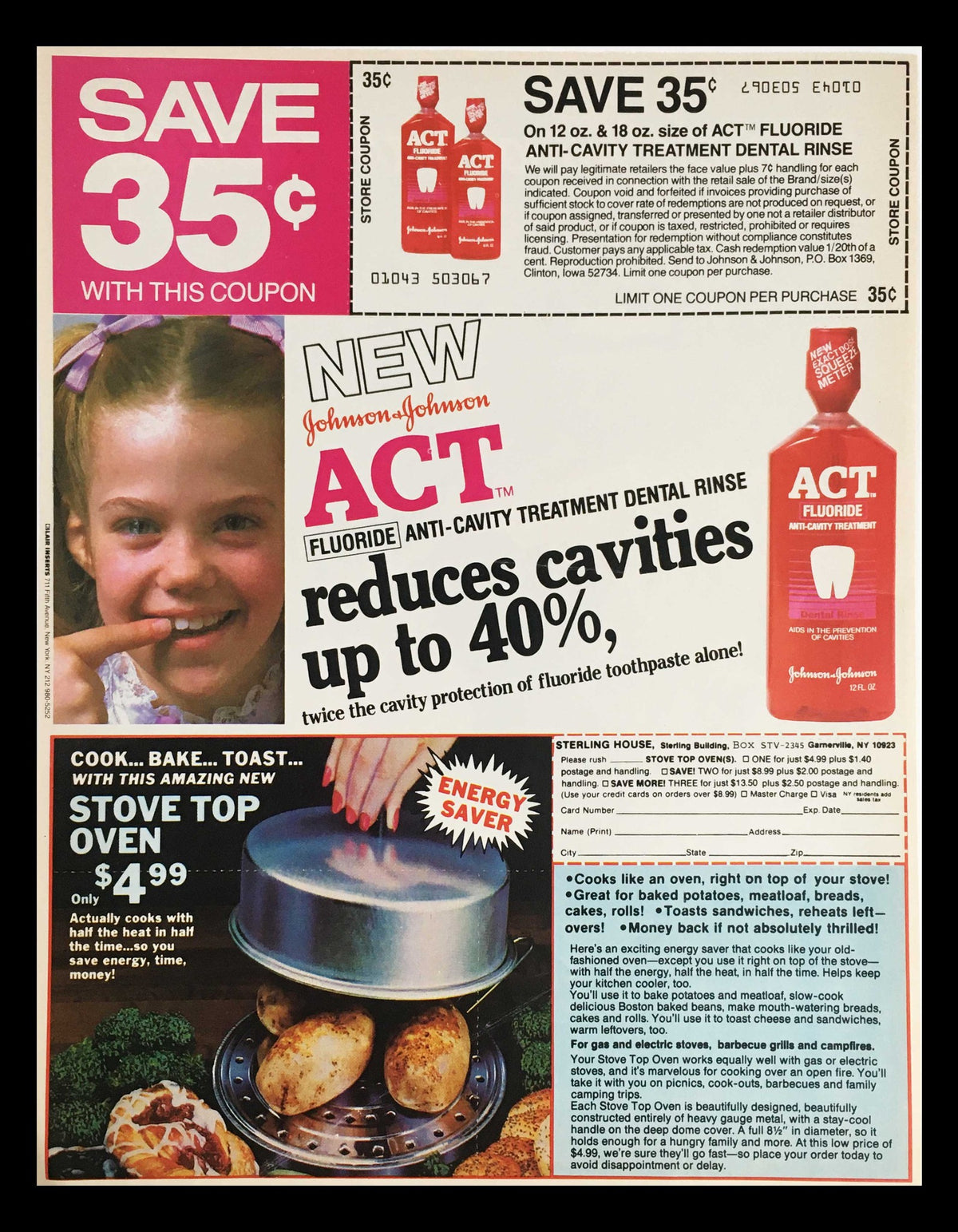 1983 Stove Top Stuffing Mix & Jell-O Gelatin Circular Coupon Advertisement showcasing various offers and promotions, including a coupon for ACT fluoridated anti-cavity treatment dental rinse, with a little girl smiling and using the product.