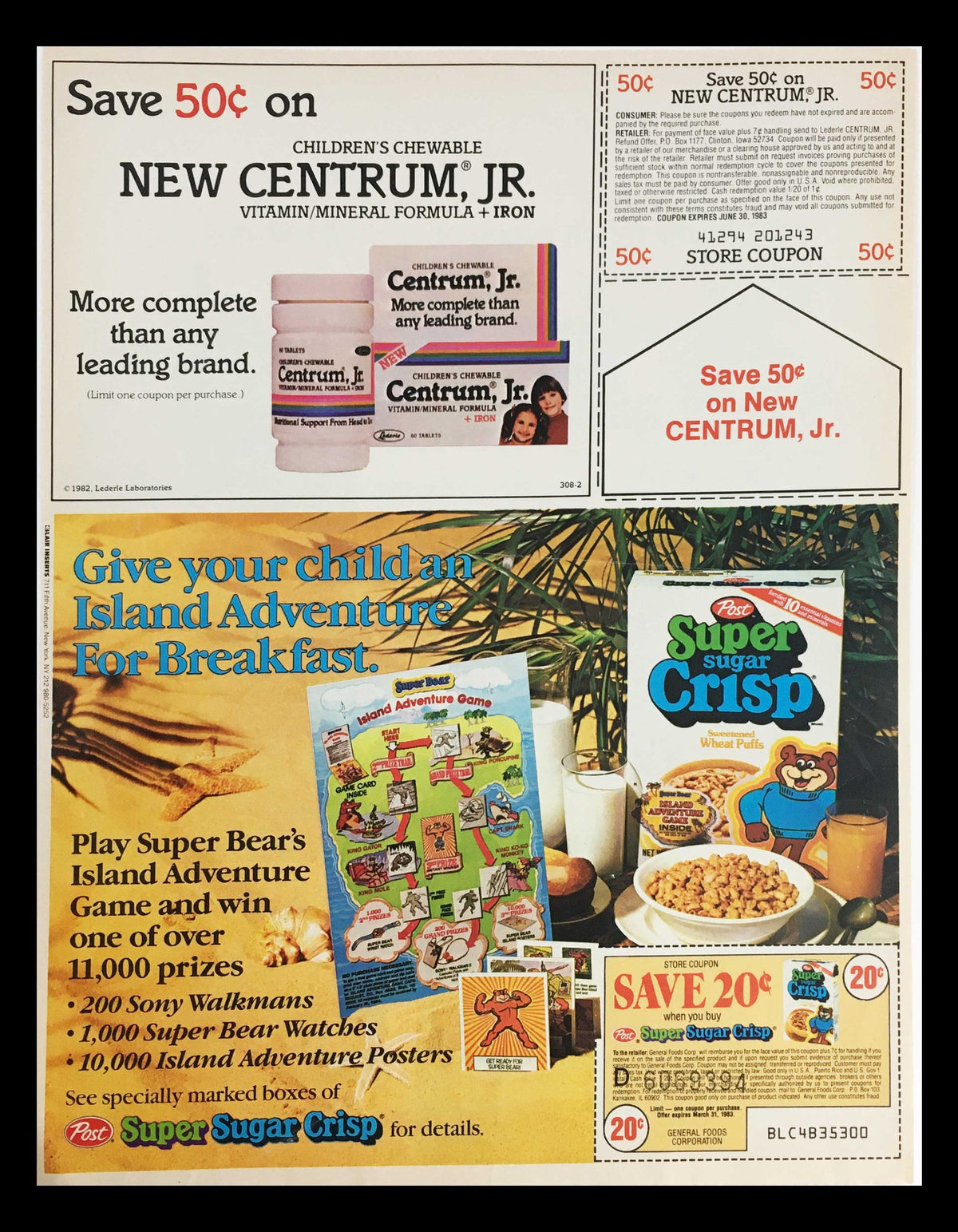 1983 Butcher Bones Milk Bone Dog Snack Circular Coupon Advertisement showcasing various promotions, including a coupon for Children's Chewable NEW CENTRUM and Super Sugar Crisp cereal. The image features colorful advertisements and product visuals typical of the 1980s.
