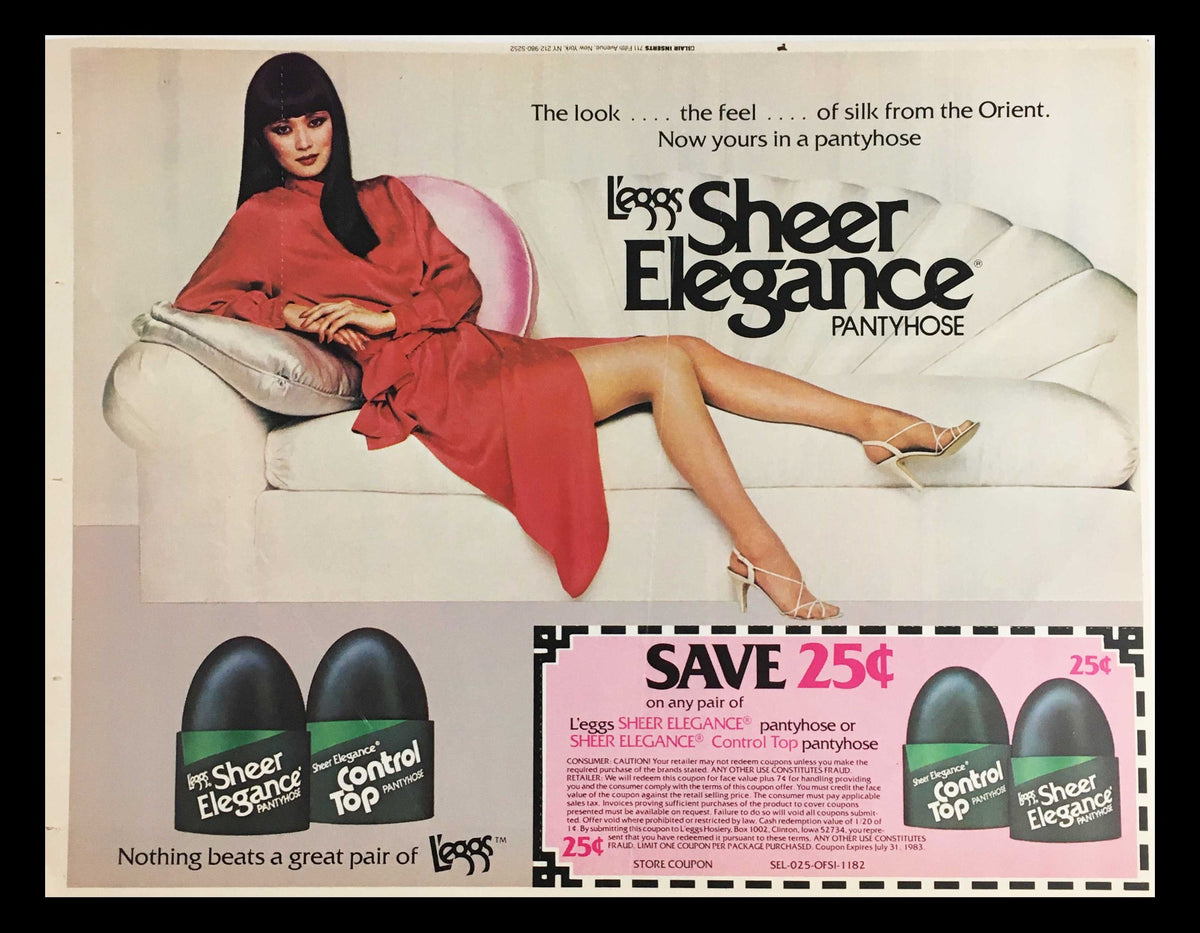 1983 Sheer Elegance Control Top Panty Hose Circular Coupon Advertisement featuring a model in a red dress, showcasing pantyhose, with a coupon for savings and a stylish couch in the background.