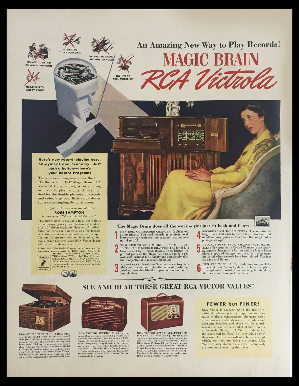 1941 RCA Victrola Record Player Rose Bampton Vintage Print Ad featuring an advertisement showcasing the RCA Victrola with artistic designs and text highlights, illustrating its innovative features and promoting its exceptional sound quality.