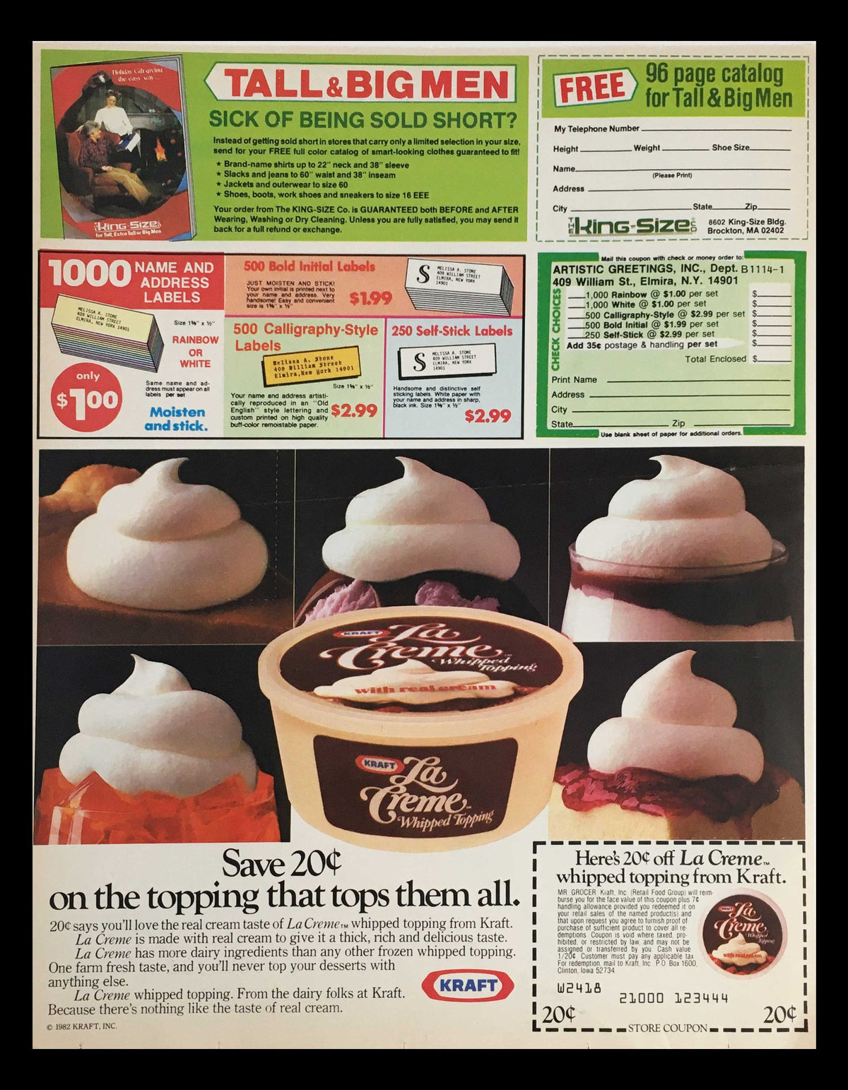 Vintage advertisement for coupons and products including La Crème whipped topping, featuring promotional offers and a visual of dessert toppings, alongside a catalog offer for tall and big men.