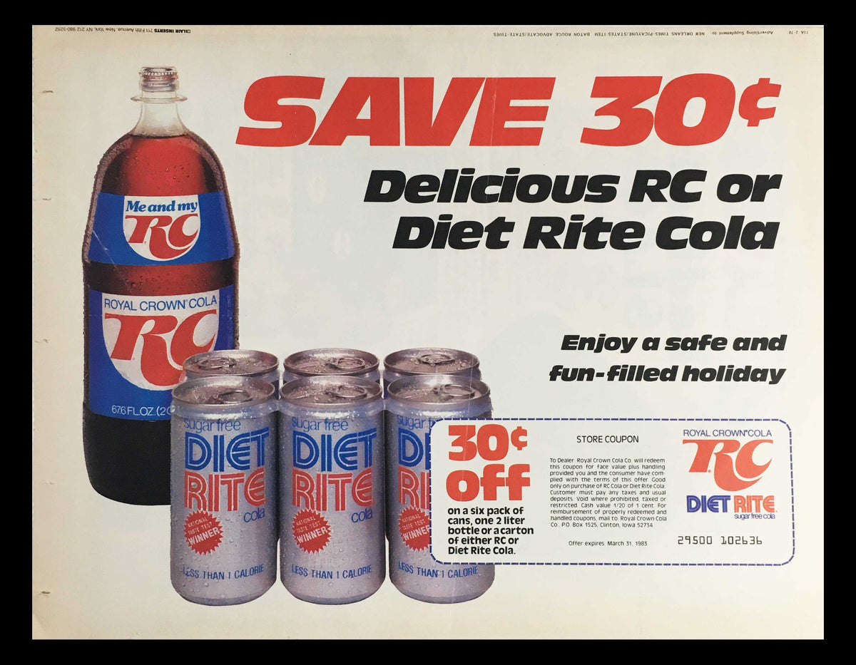 1983 RC Diet Rite Sugar Free Cola Circular Coupon Advertisement featuring a bottle of RC Cola and cans of Diet Rite Cola with a coupon offering 30 cents off on purchase.