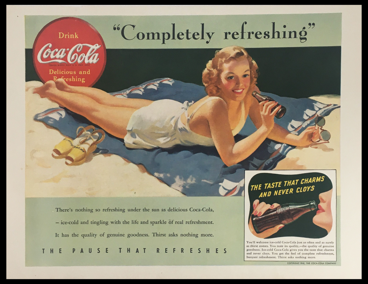 1941 Coca-Cola Ice-Cold Delicious and Refreshing Vintage Print Ad featuring a woman relaxing on the beach, enjoying a bottle of Coca-Cola, with a vibrant background and text highlighting the refreshing quality of the drink.