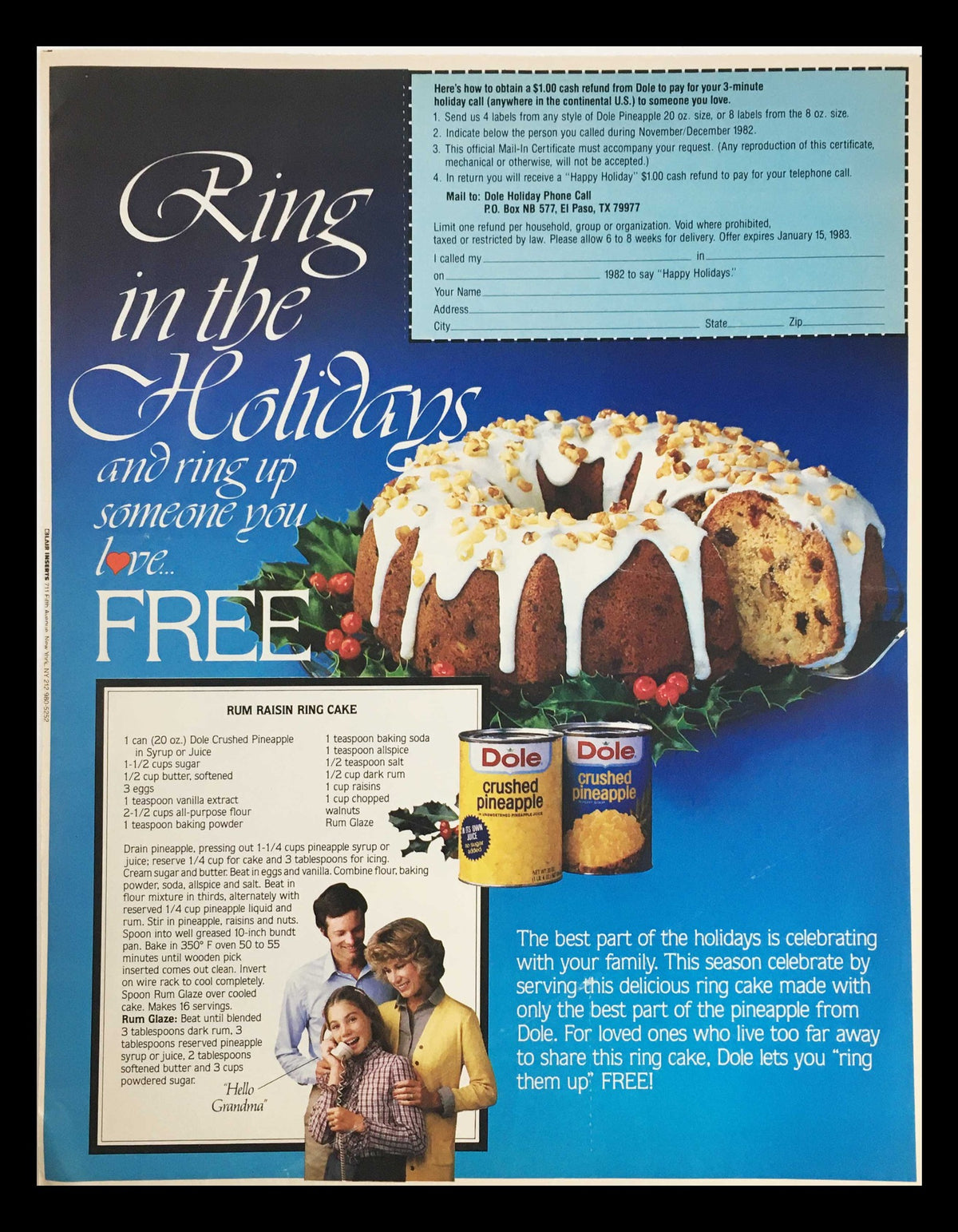1982 holiday themed advertisement featuring Dole pineapple products, highlighting a free promotion and a recipe for Rum Raisin Ring Cake, titled 'Ring in the Holidays'.