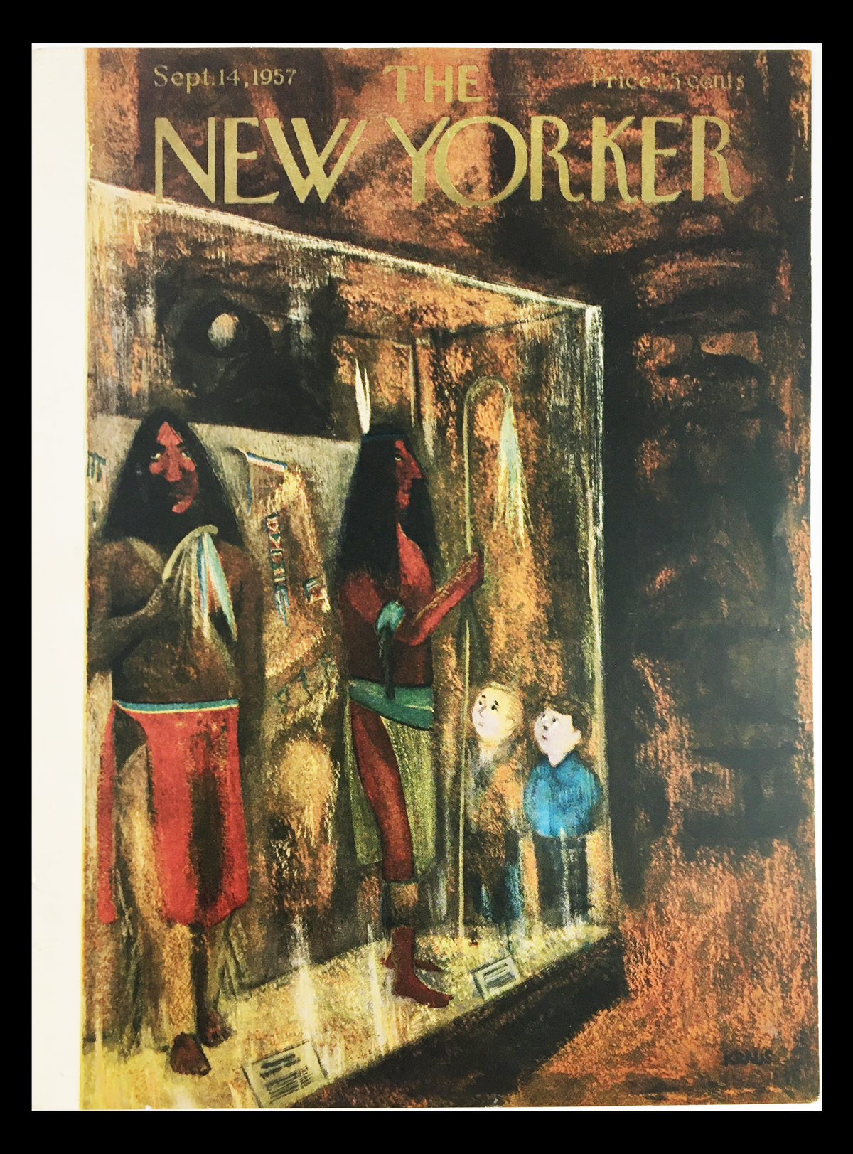 Cover art of The New Yorker dated September 14, 1957, featuring a vintage illustration by Robert Kraus depicting figures with Native American themes and two children, ideal for collectors and art lovers.