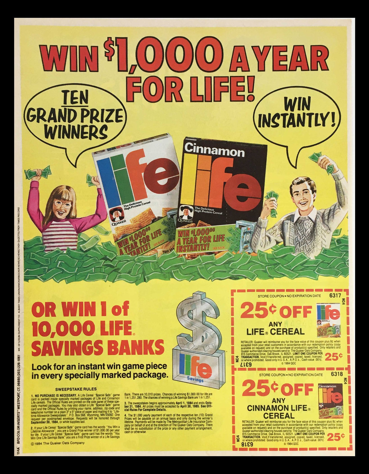 1984 Quaker Life Cinnamon Cereal Circular Coupon Advertisement featuring a contest to win $1,000 a year for life, showcasing cereal boxes and coupons for discounts.