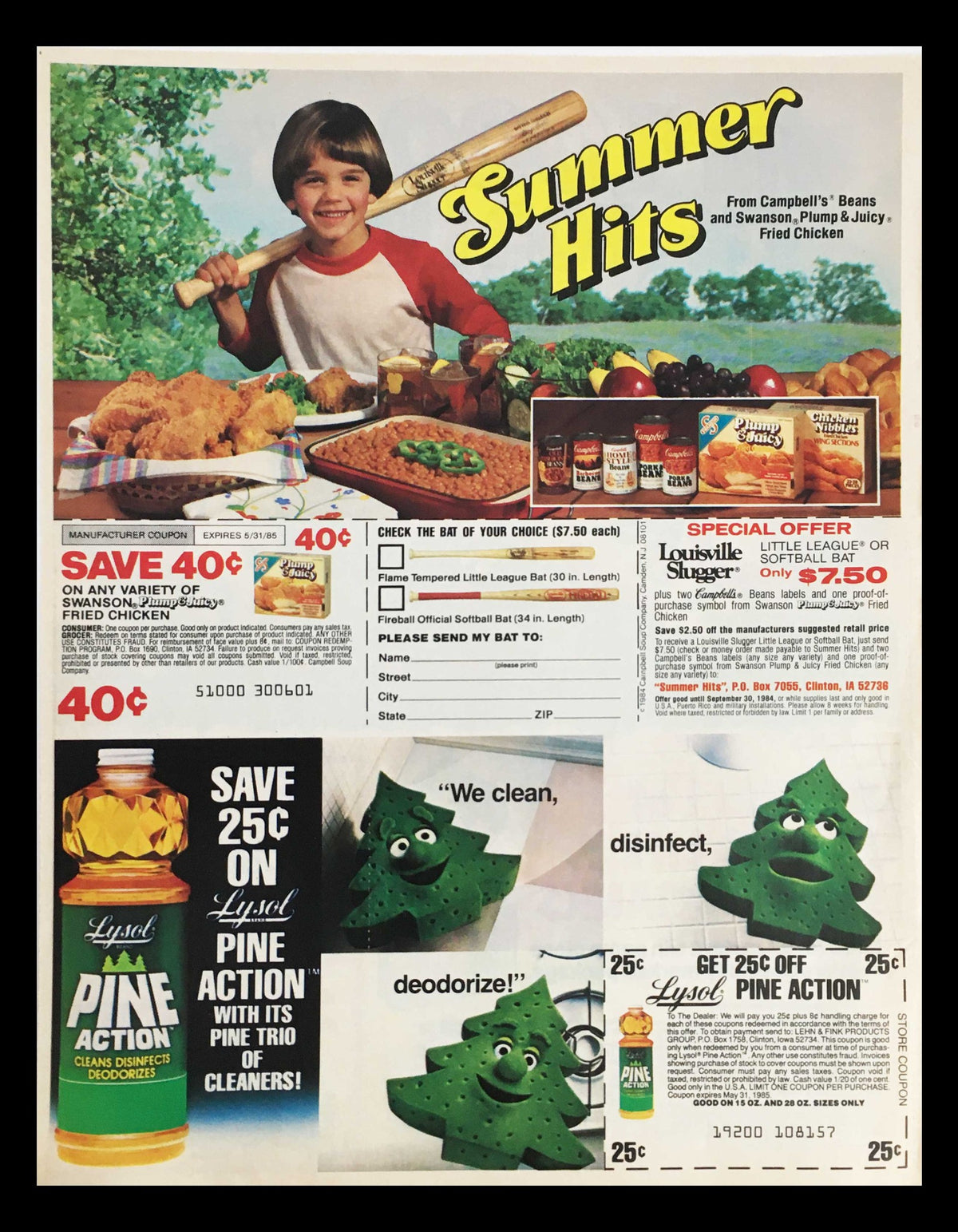 1984 advertisement titled 'Summer Hits' with a young boy holding a baseball bat, featuring promotional coupons for Campbell's Beans and Pine Action cleaner.